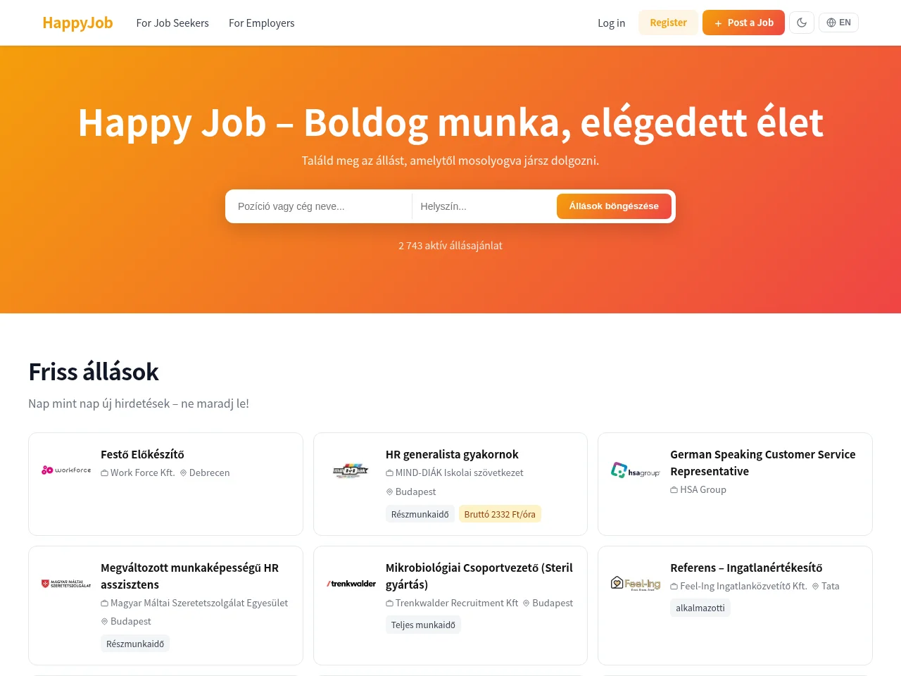 HappyJob job board platform screenshot showing job search interface