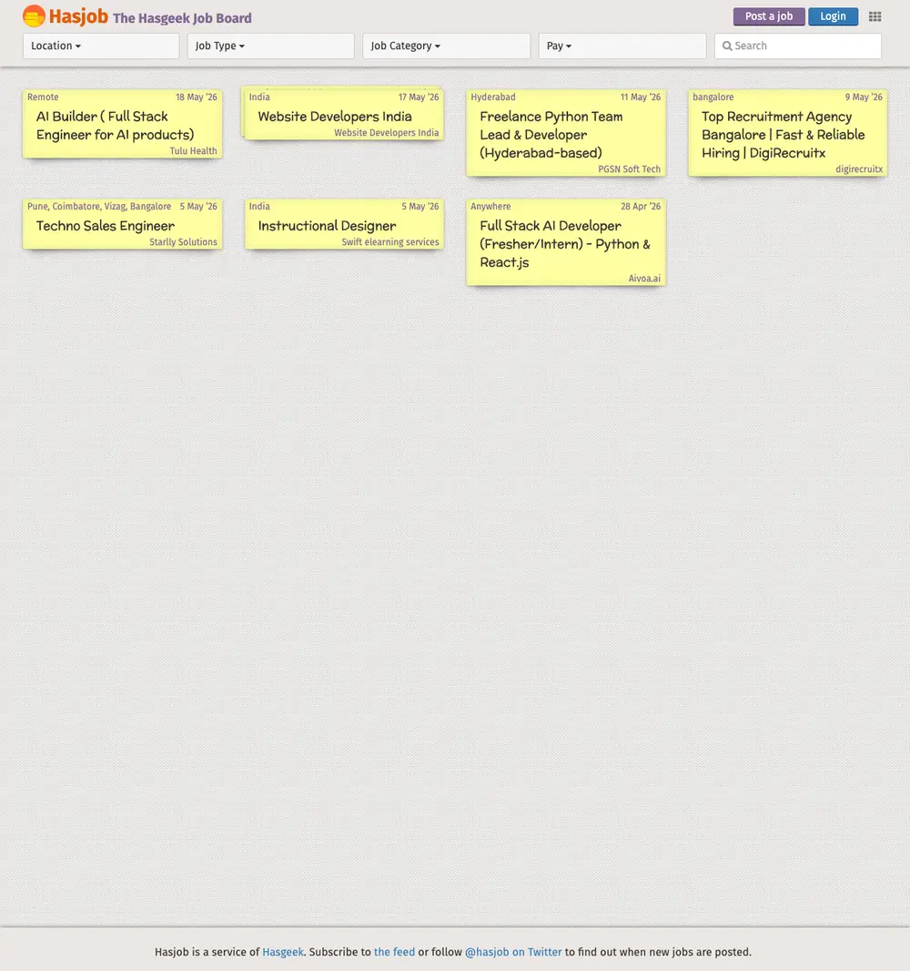Hasjob job board platform screenshot showing job search interface