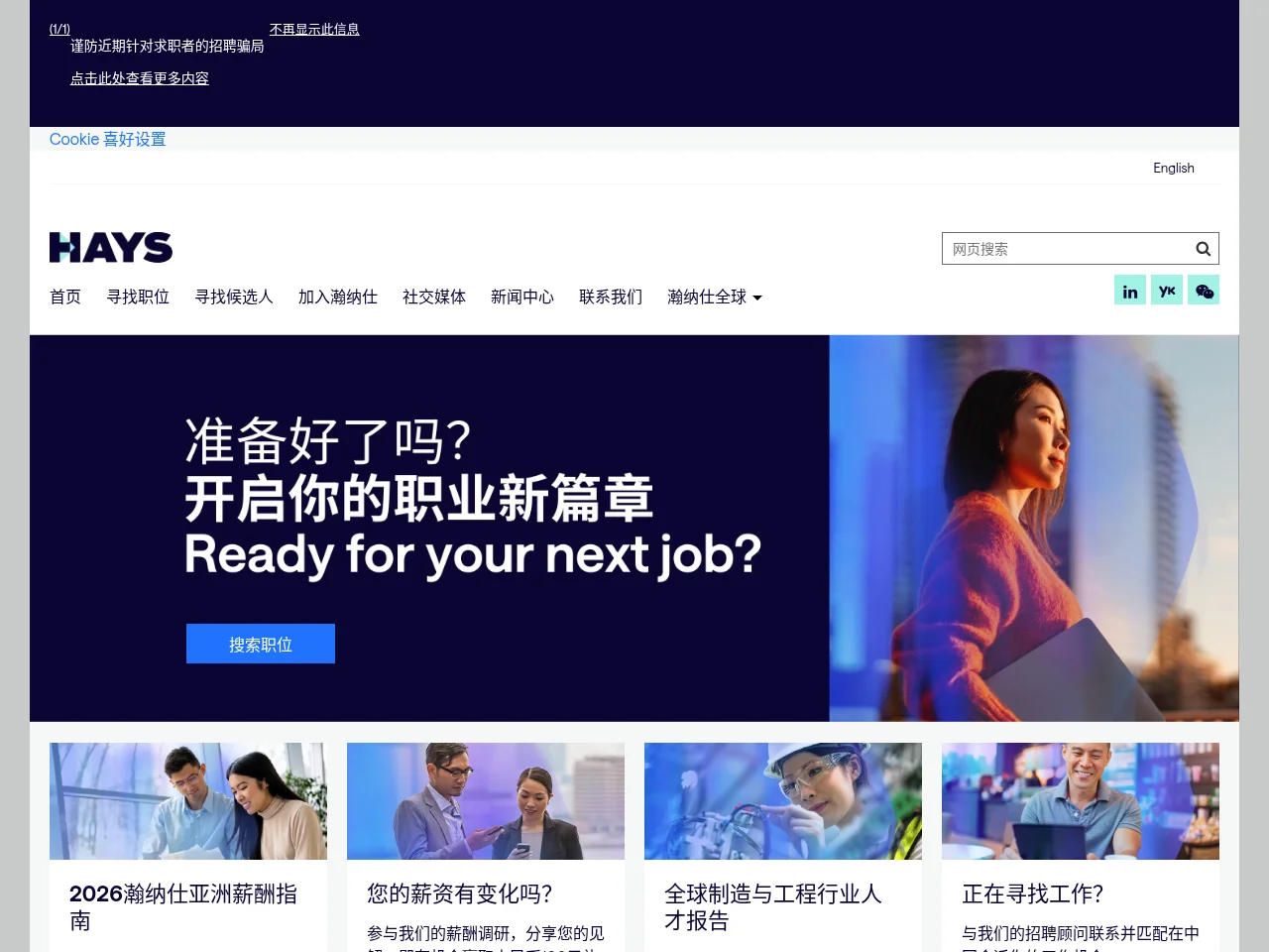 Hays 瀚纳仕 job board platform screenshot showing job search interface