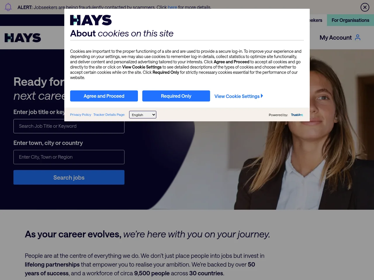 Hays job board platform screenshot showing job search interface