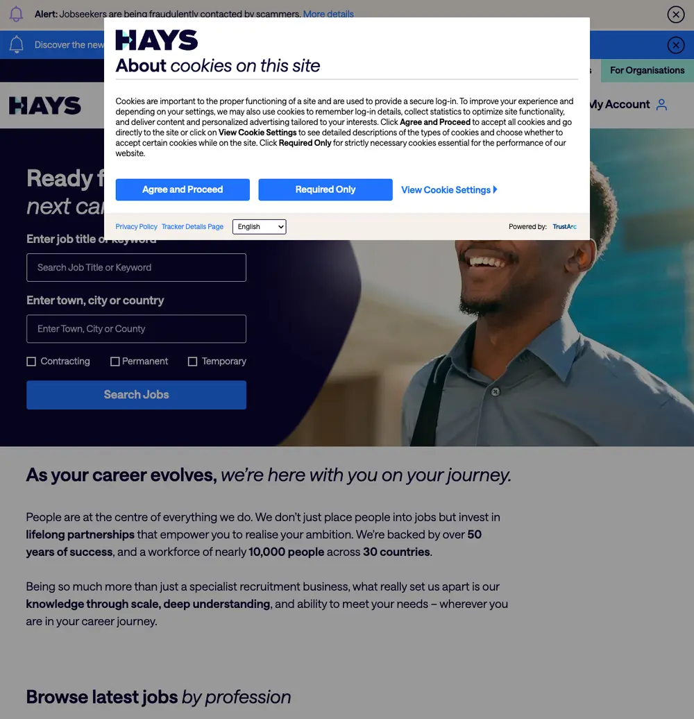 Hays UK job board platform screenshot showing job search interface