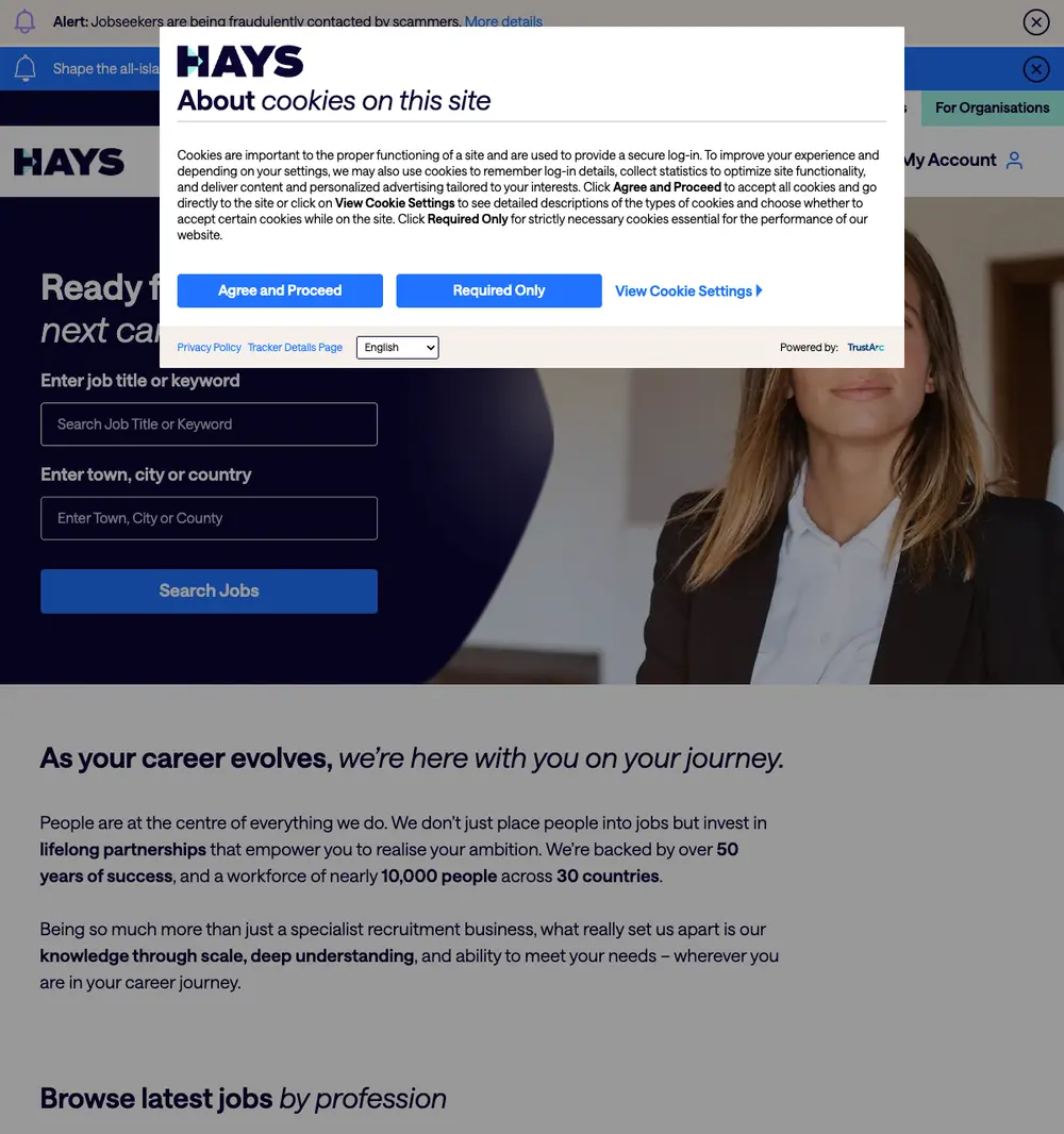 Hays Ireland job board platform screenshot showing job search interface