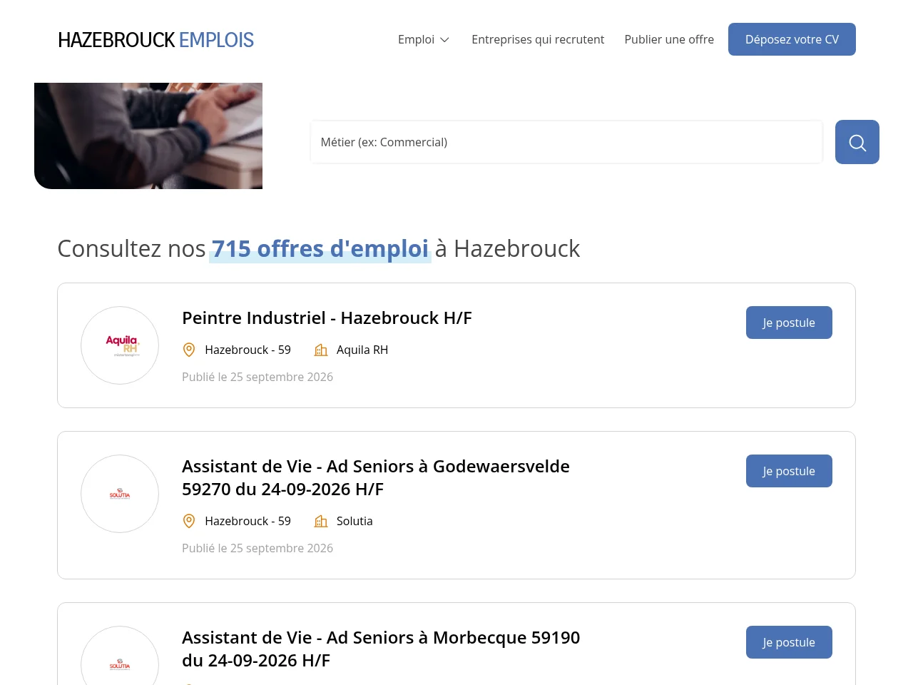 Hazebrouck Emplois job board platform screenshot showing job search interface
