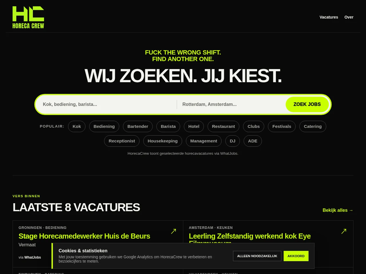 HorecaCrew job board platform screenshot showing job search interface