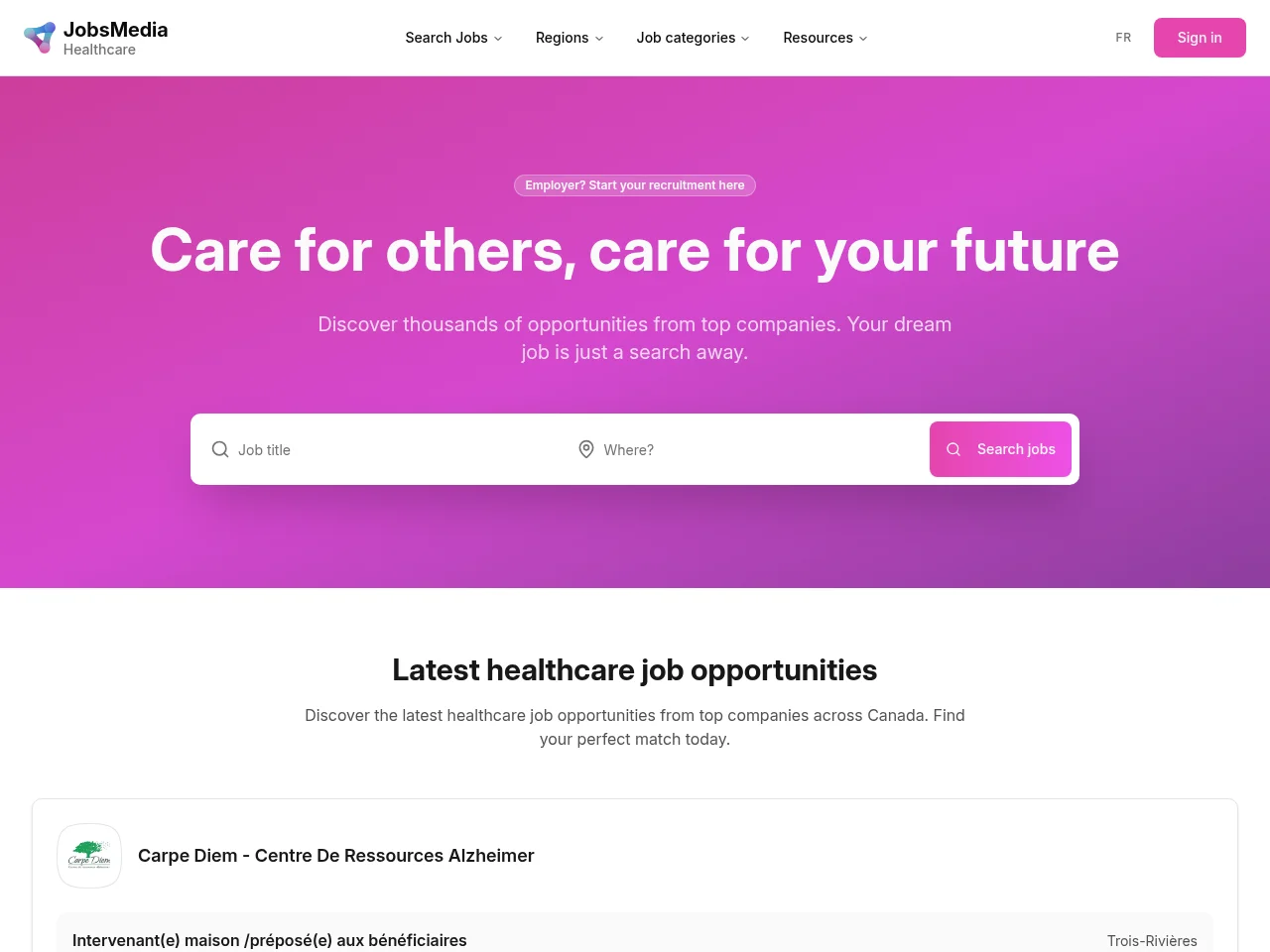 Healthcare Jobs | JobsMedia.io job board platform screenshot showing job search interface