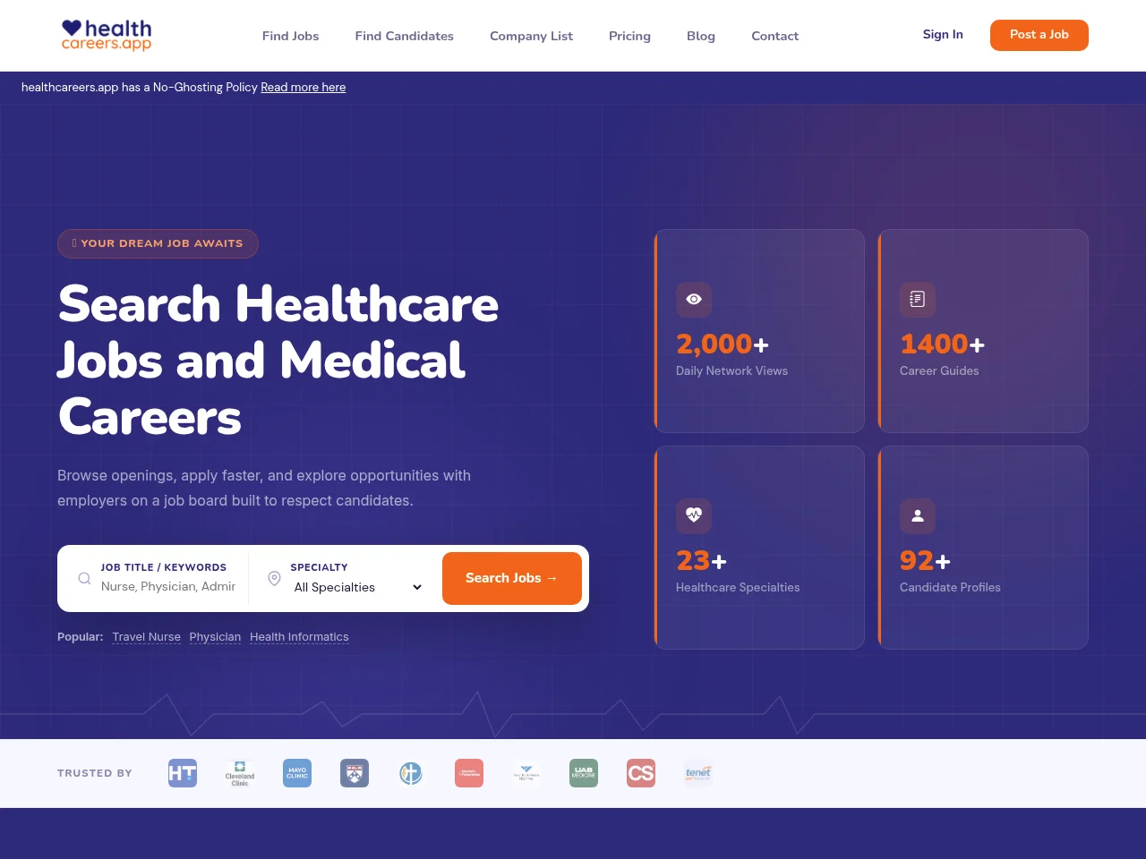 healthcareers.app job board platform screenshot showing job search interface