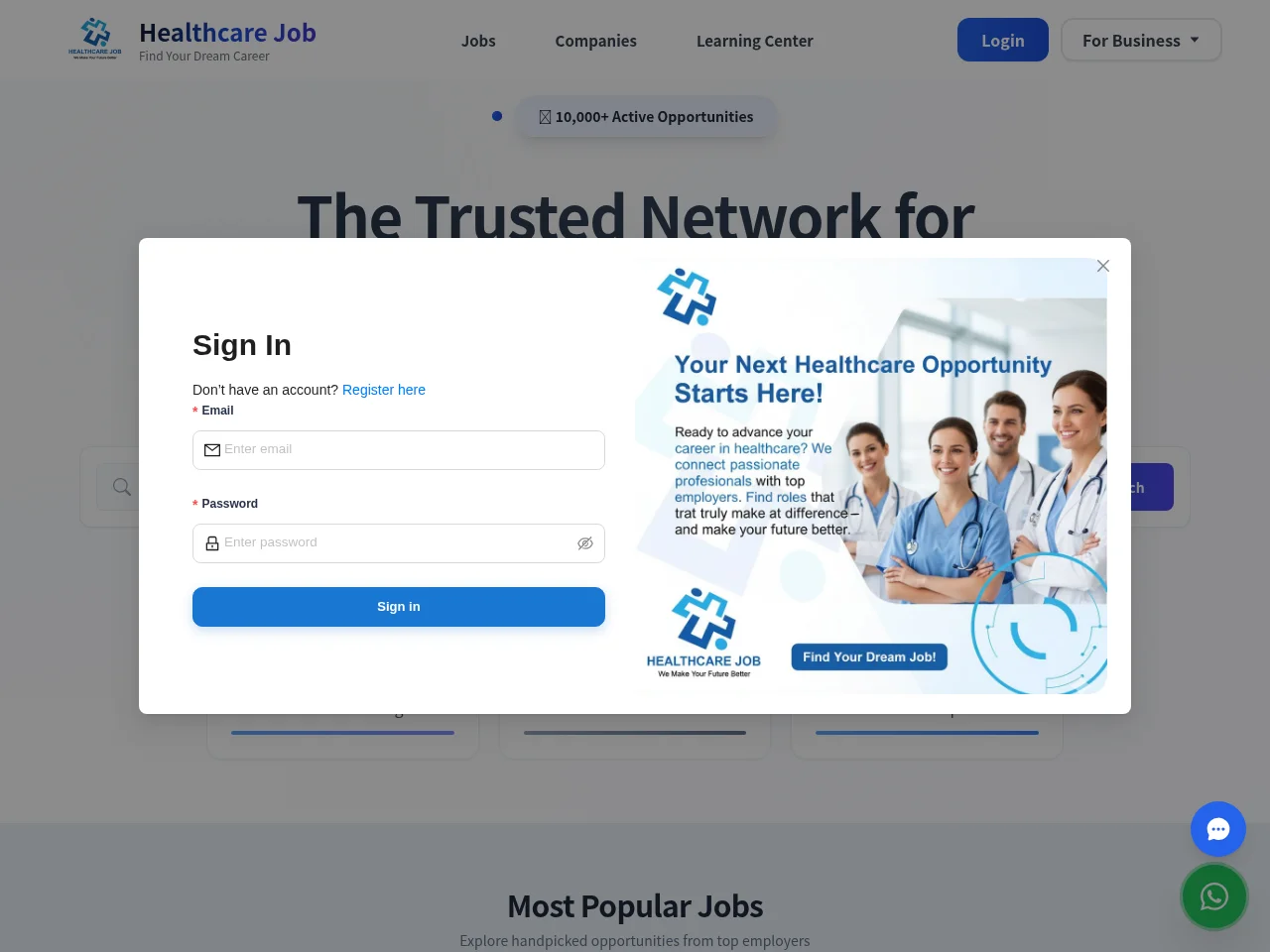 Healthcare Jobs job board platform screenshot showing job search interface