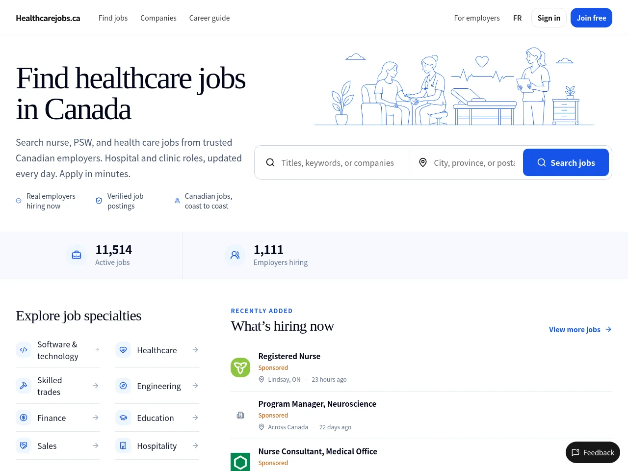 Healthcarejobs.ca job board platform screenshot showing job search interface