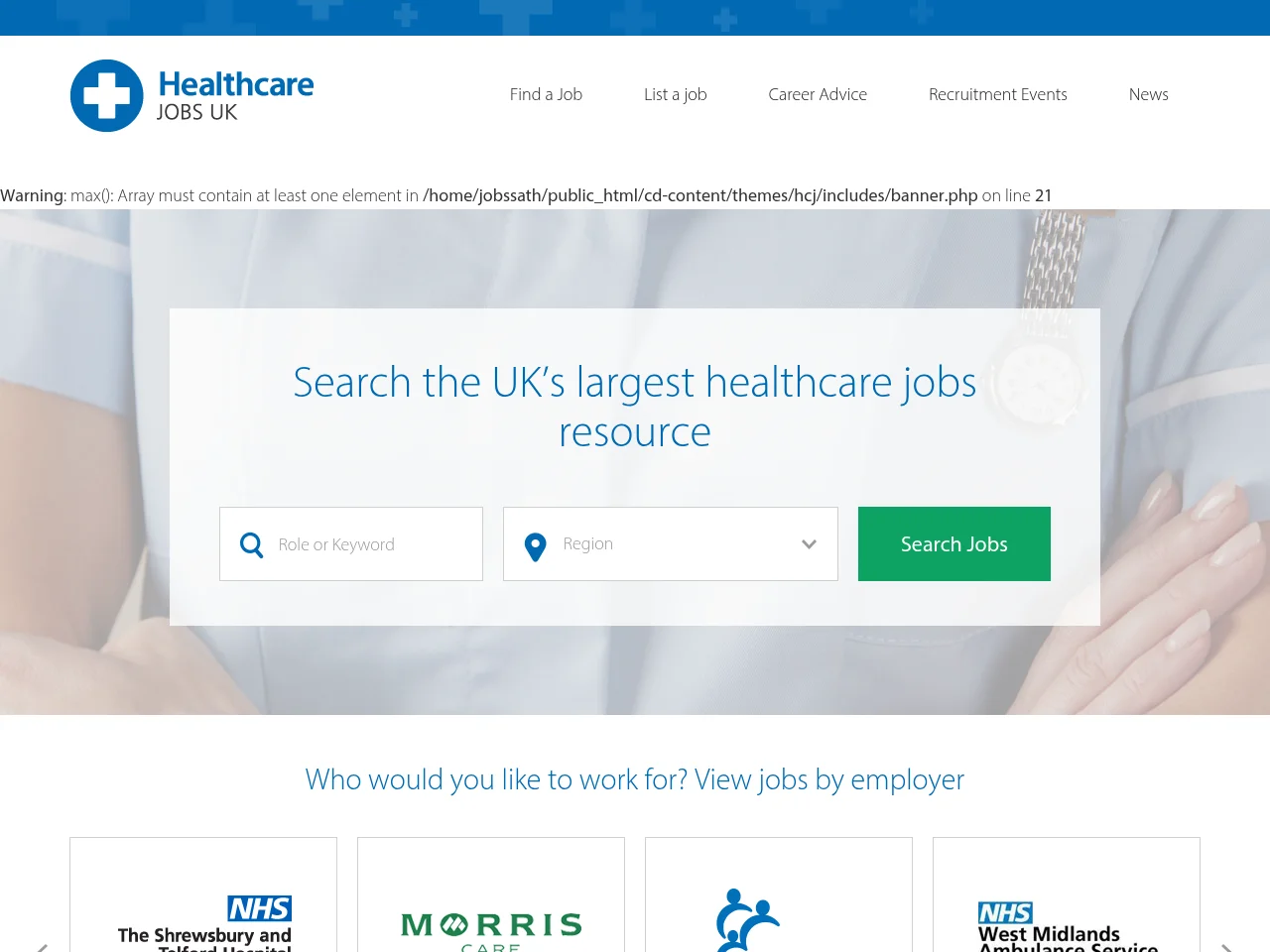 Healthcare Jobs UK job board platform screenshot showing job search interface
