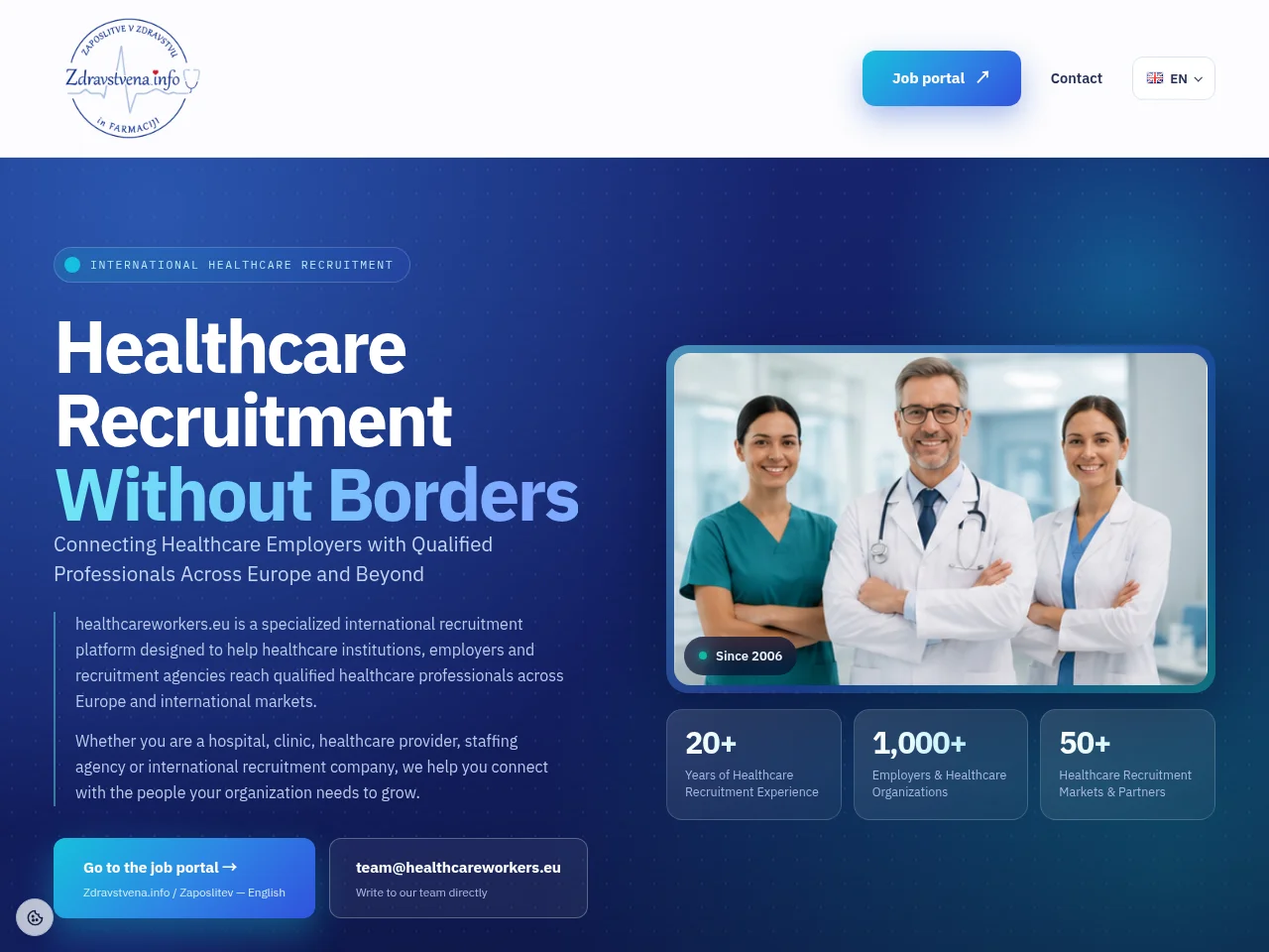 healthcareworkers.eu job board platform screenshot showing job search interface