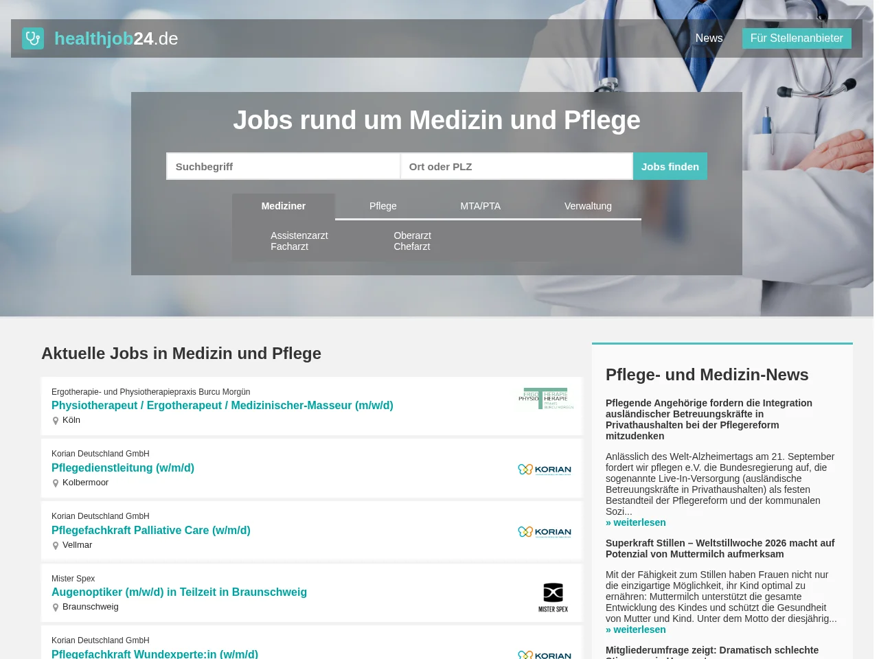 healthjob24.de job board platform screenshot showing job search interface