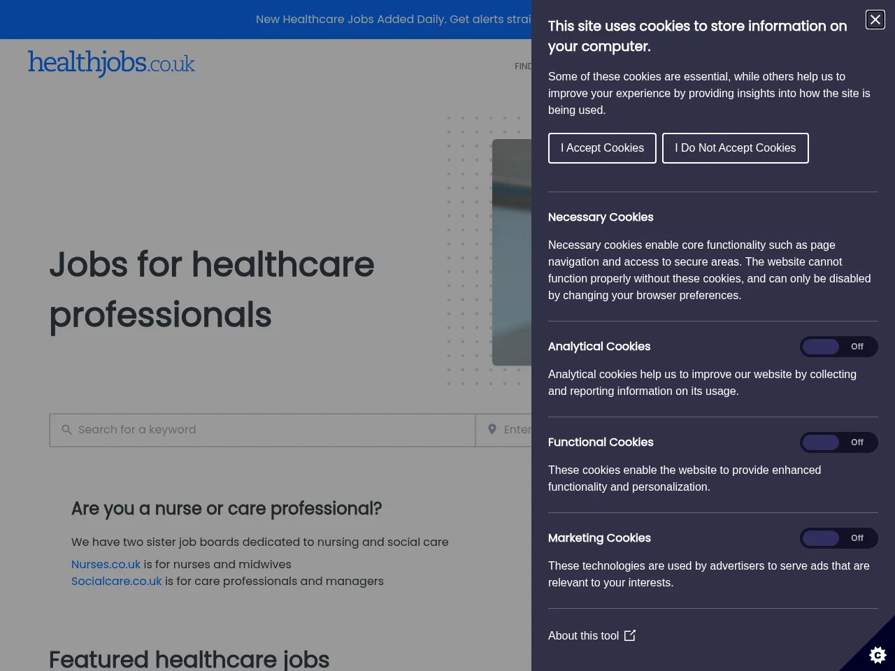 Healthjobs.co.uk job board platform screenshot showing job search interface