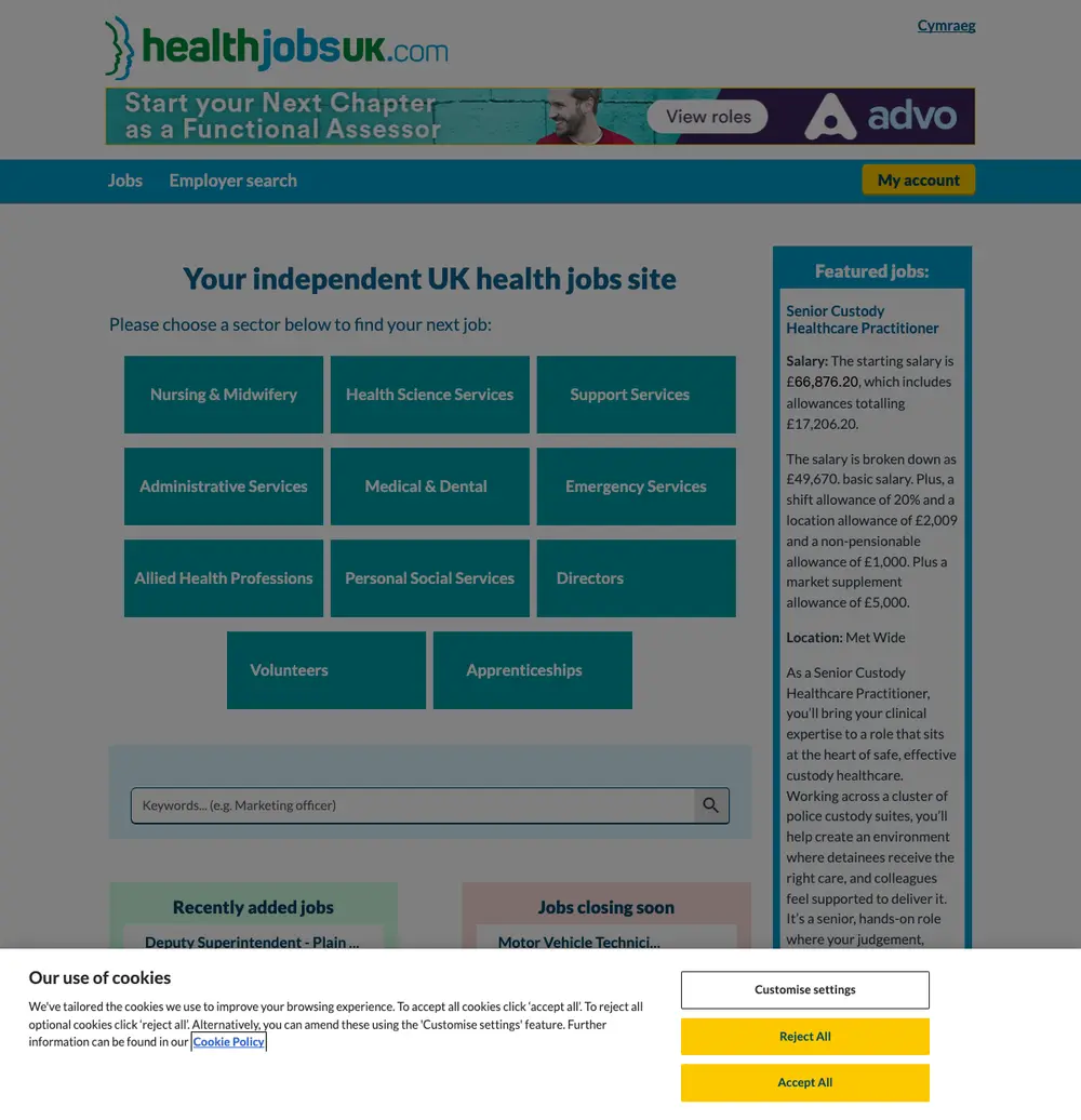 HealthJobsUK job board platform screenshot showing job search interface