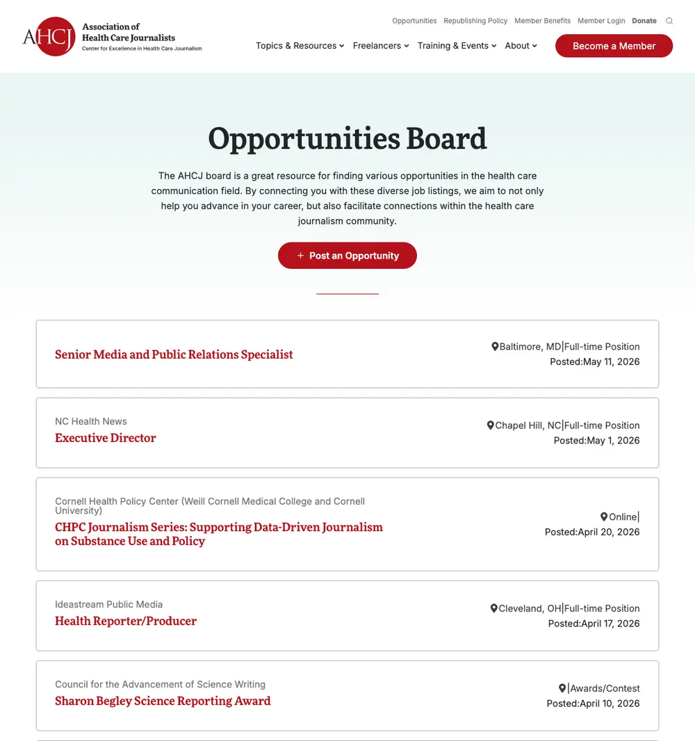 Association of Health Care Journalists Opportunities Board job board platform screenshot showing job search interface