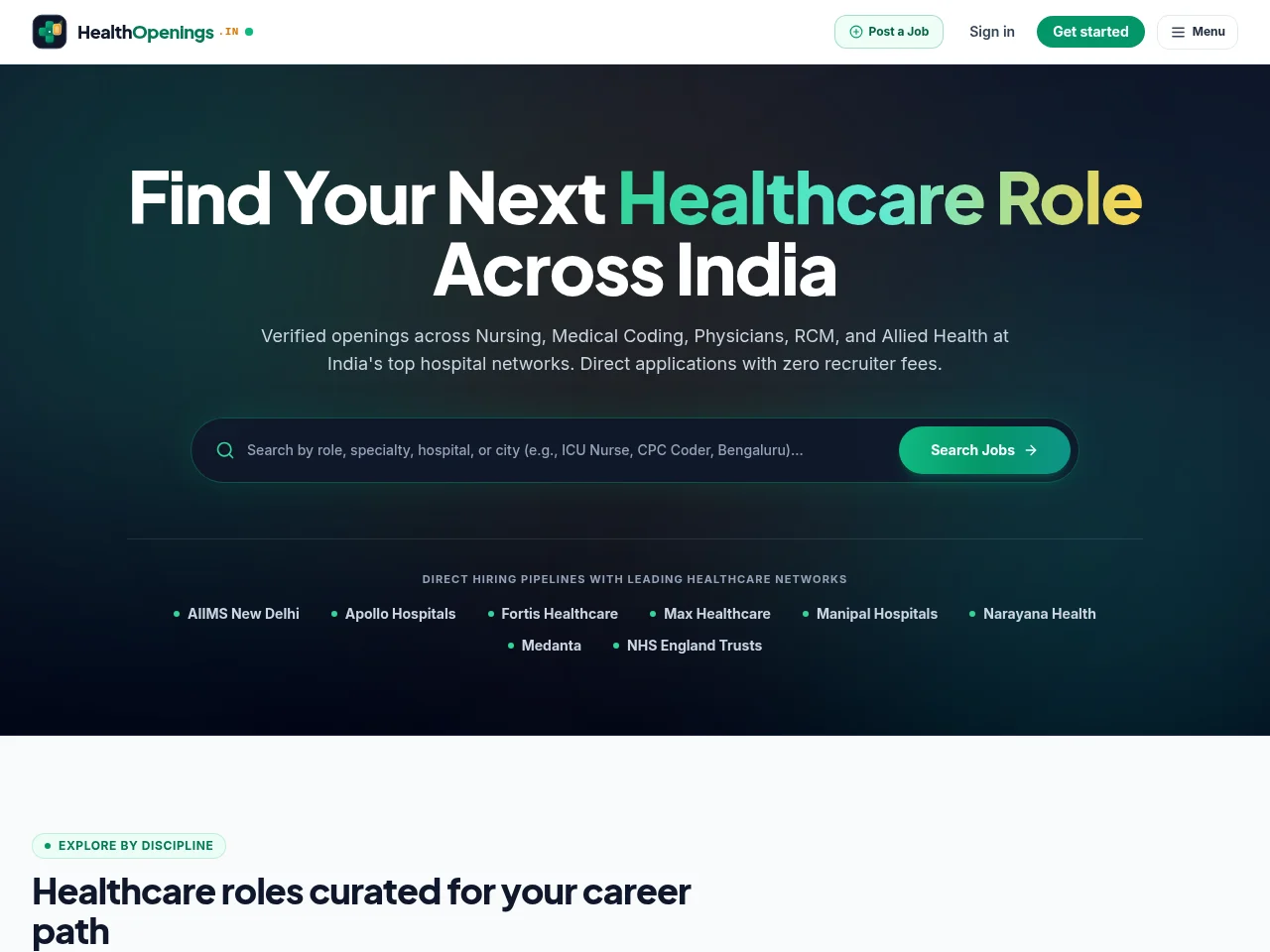 HealthOpenings job board platform screenshot showing job search interface
