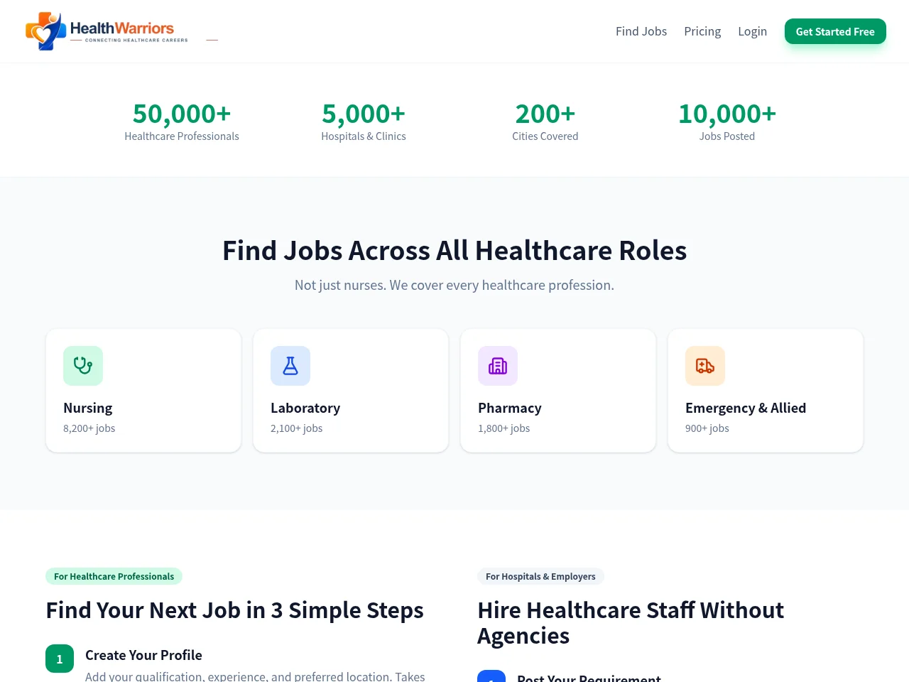 HealthWarriors job board platform screenshot showing job search interface