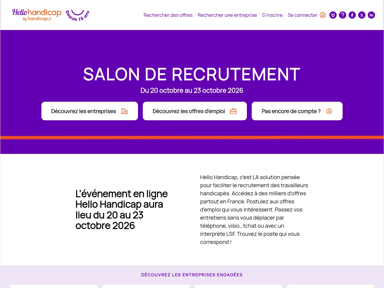 Hello Handicap job board platform screenshot showing job search interface
