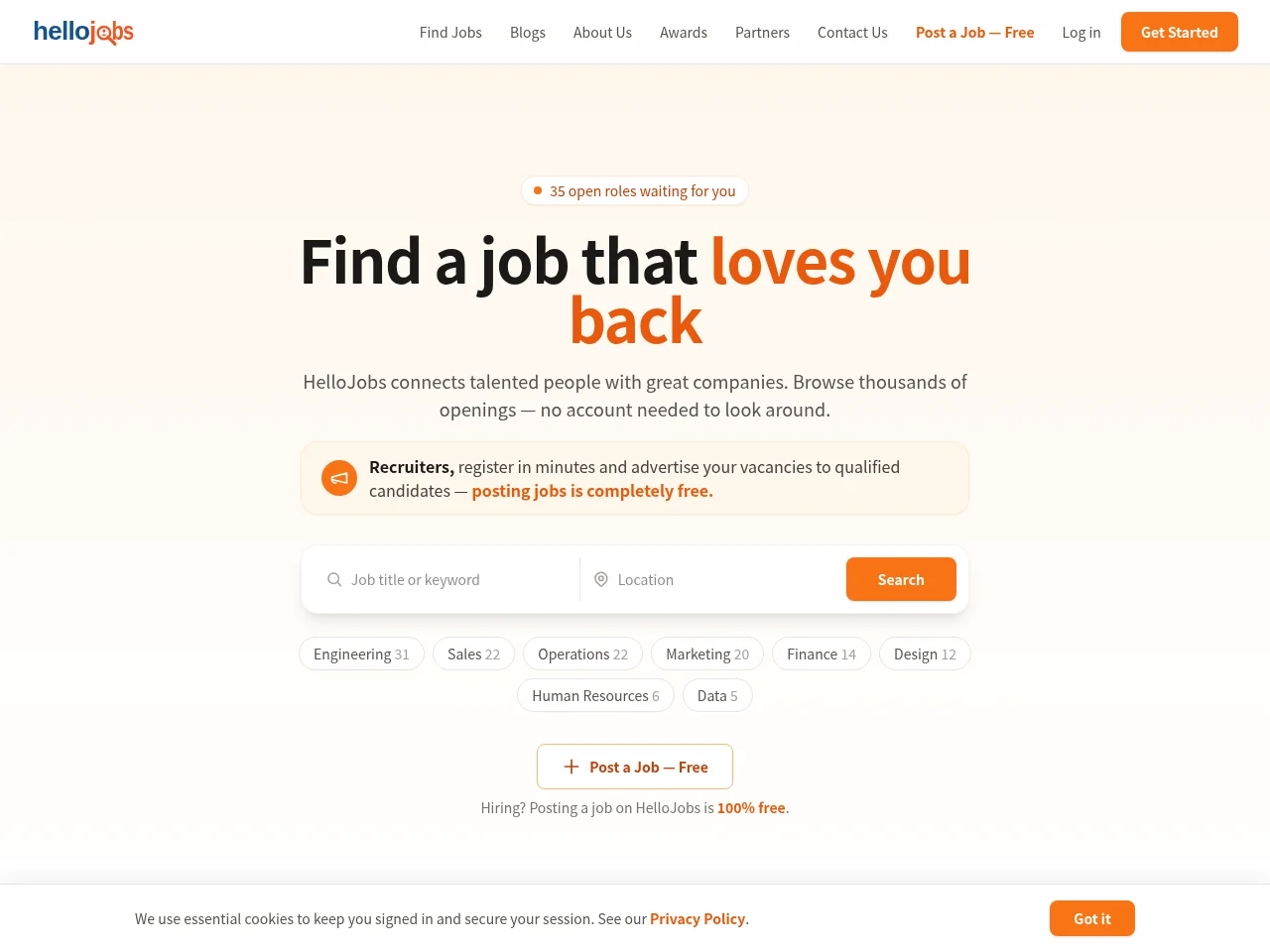 HelloJobs job board platform screenshot showing job search interface
