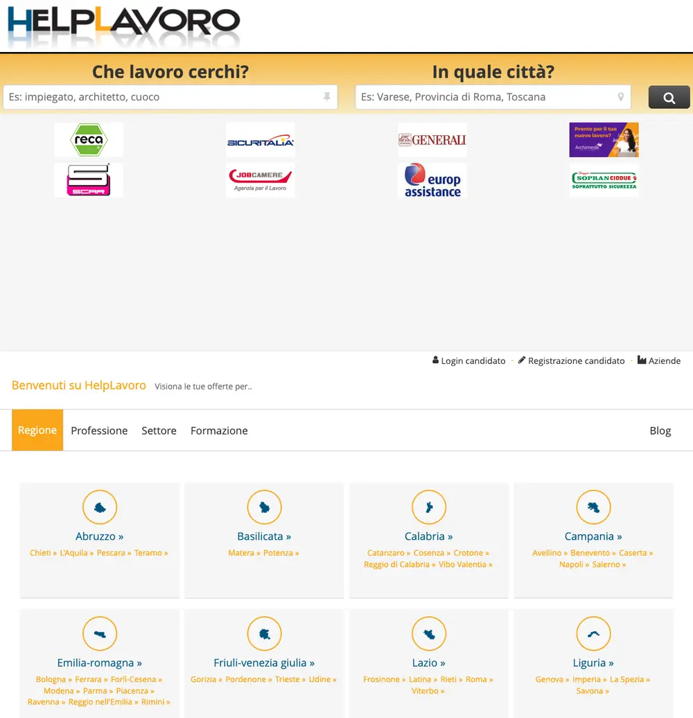 Helplavoro.it job board platform screenshot showing job search interface