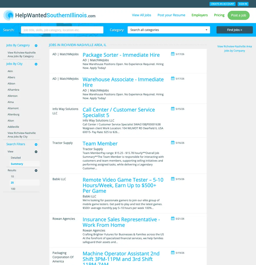 Help Wanted Southern Illinois job board platform screenshot showing job search interface