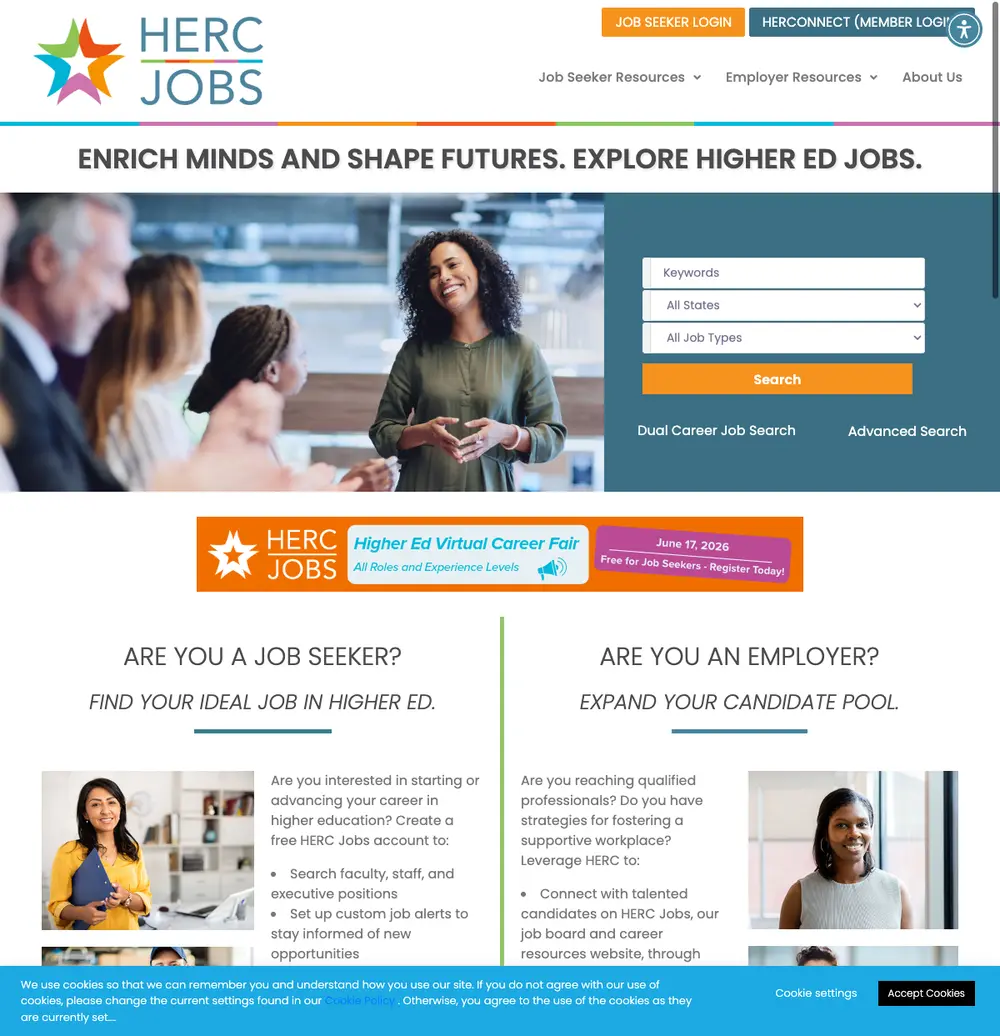 HERC Jobs job board platform screenshot showing job search interface
