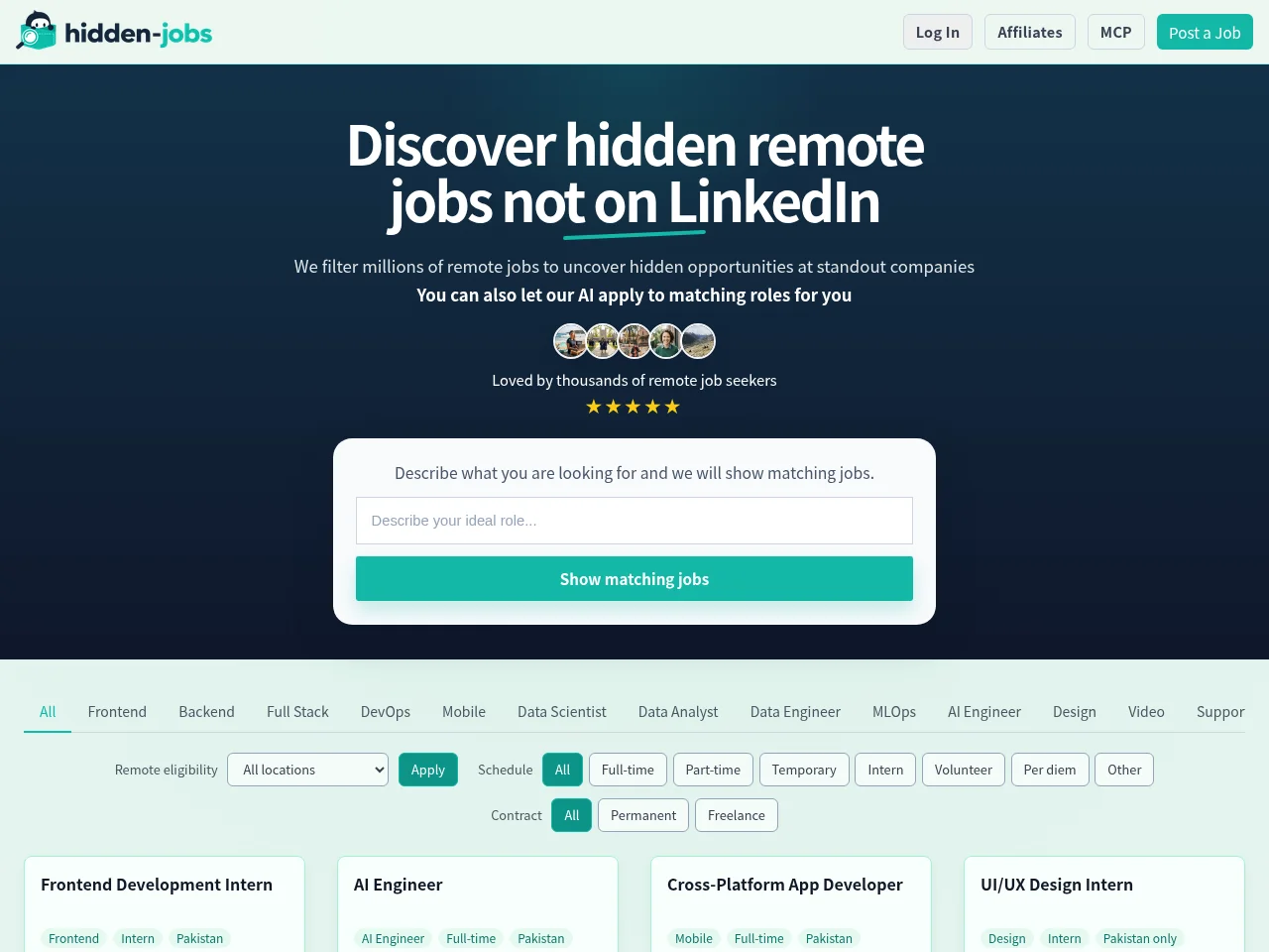 Hidden Jobs job board platform screenshot showing job search interface