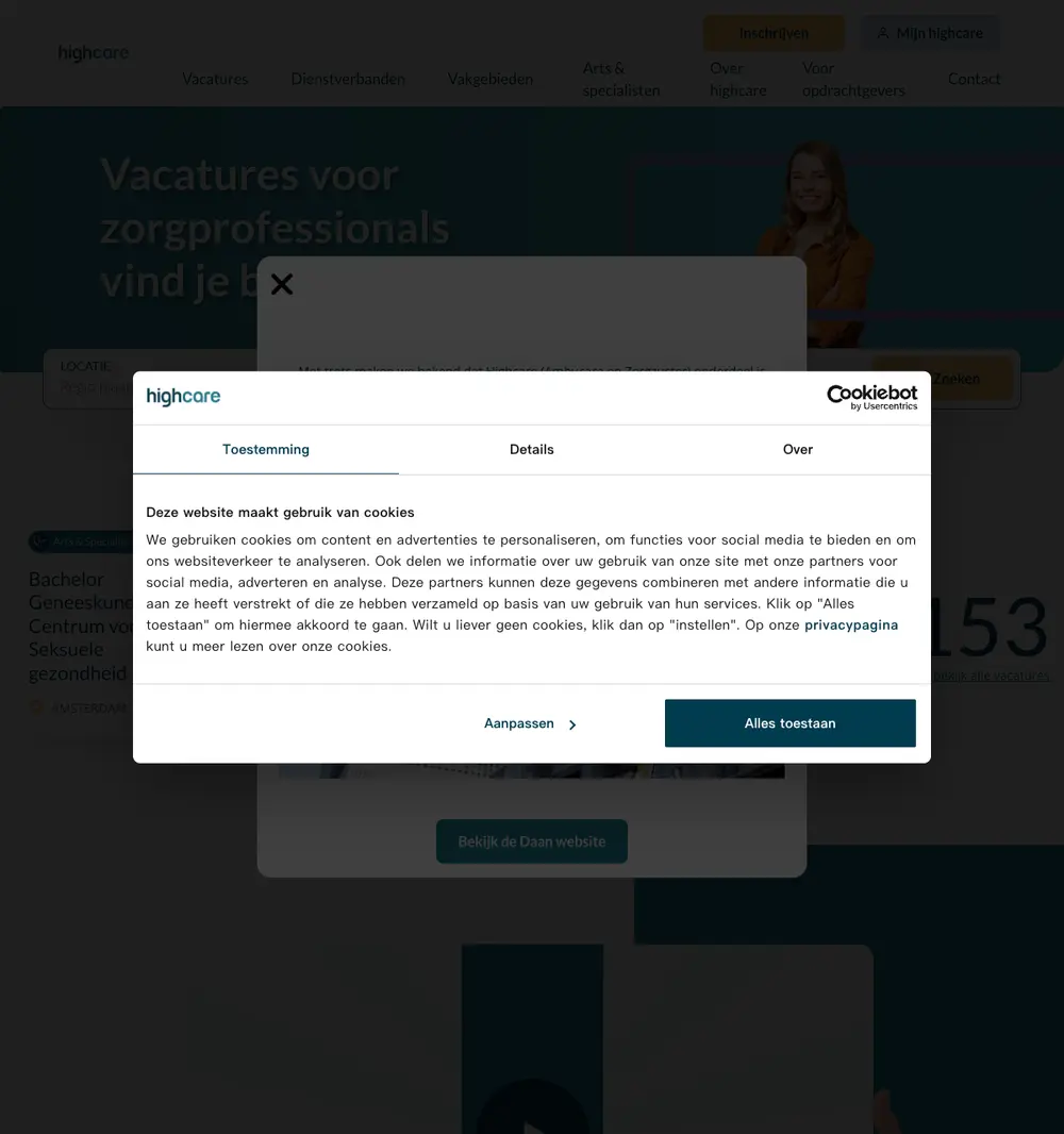 Highcare job board platform screenshot showing job search interface