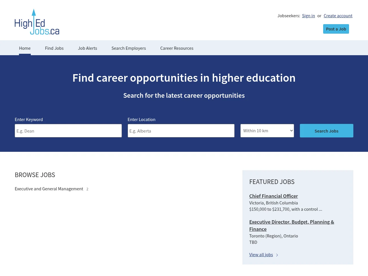 High Ed Jobs job board platform screenshot showing job search interface