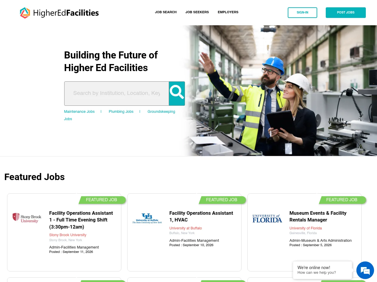 HigherEdFacilities.com job board platform screenshot showing job search interface