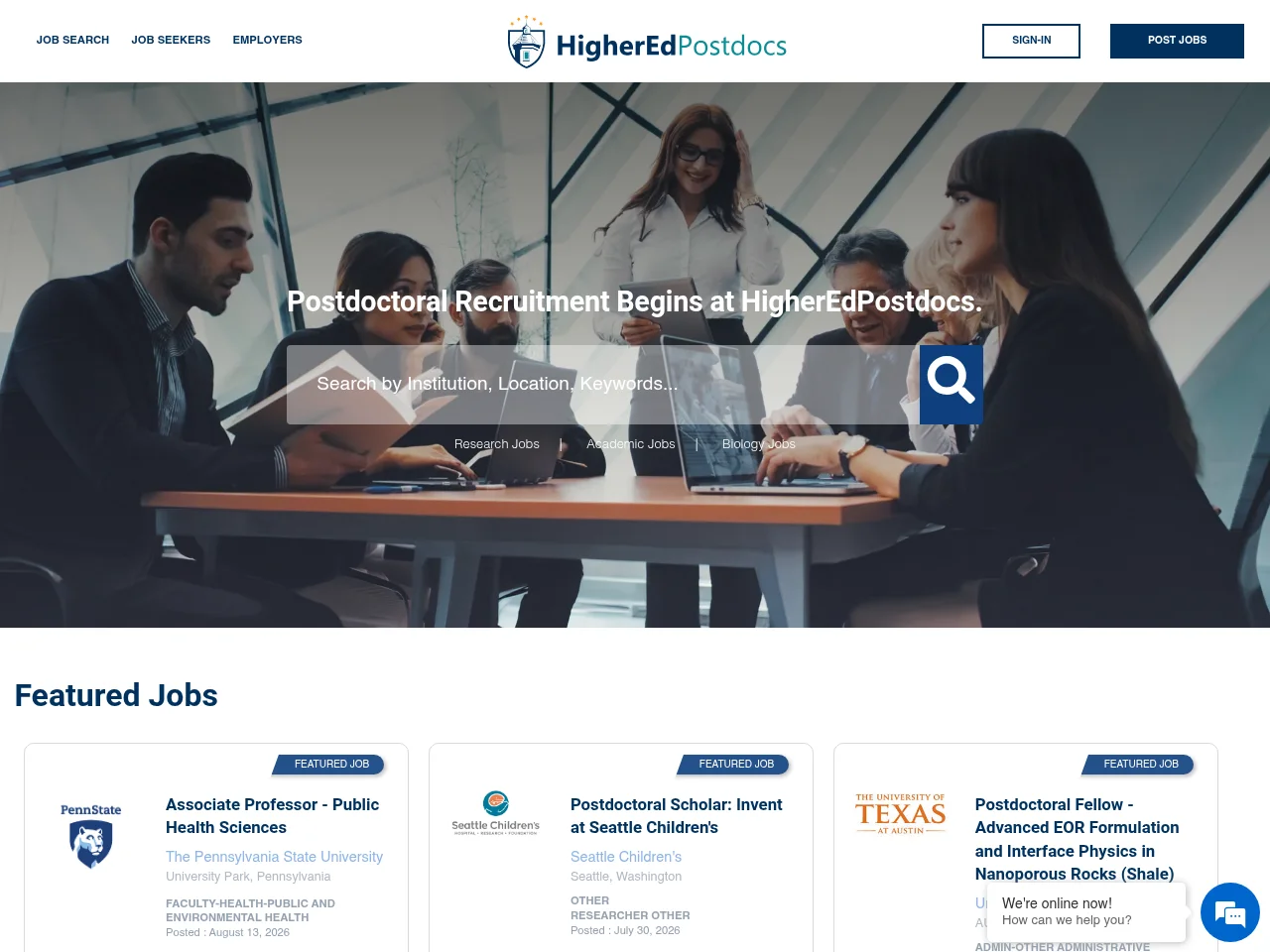 HigherEd Postdocs screenshot HigherEd Postdocs job board platform screenshot showing job search interface