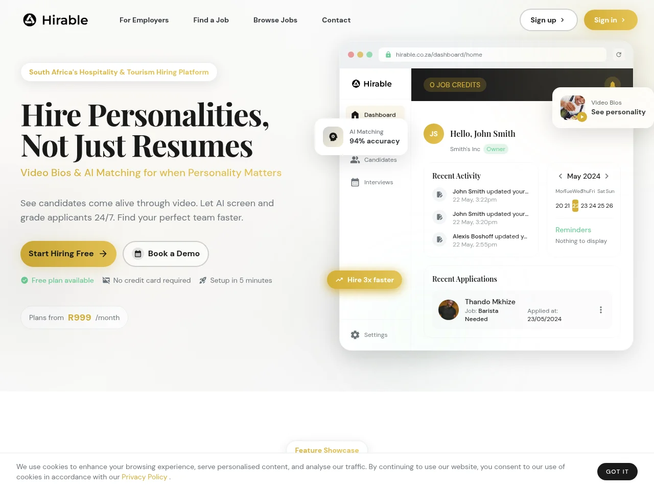 Hirable job board platform screenshot showing job search interface