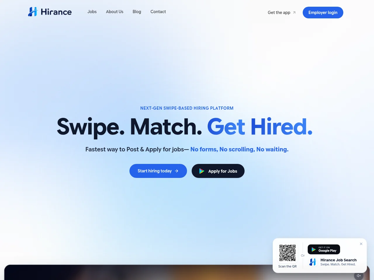 Hirance job board platform screenshot showing job search interface