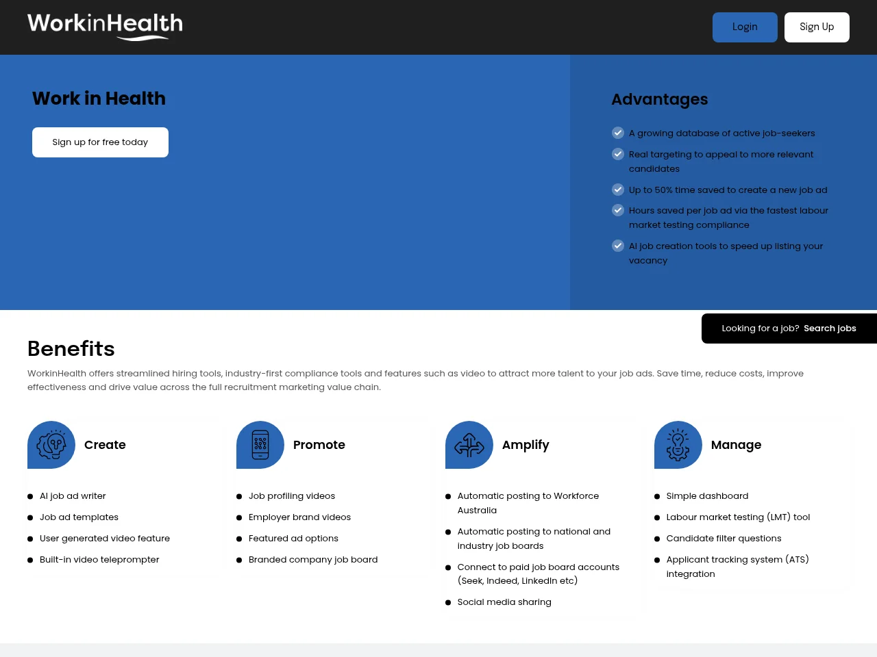 WorkinHealth job board platform screenshot showing job search interface