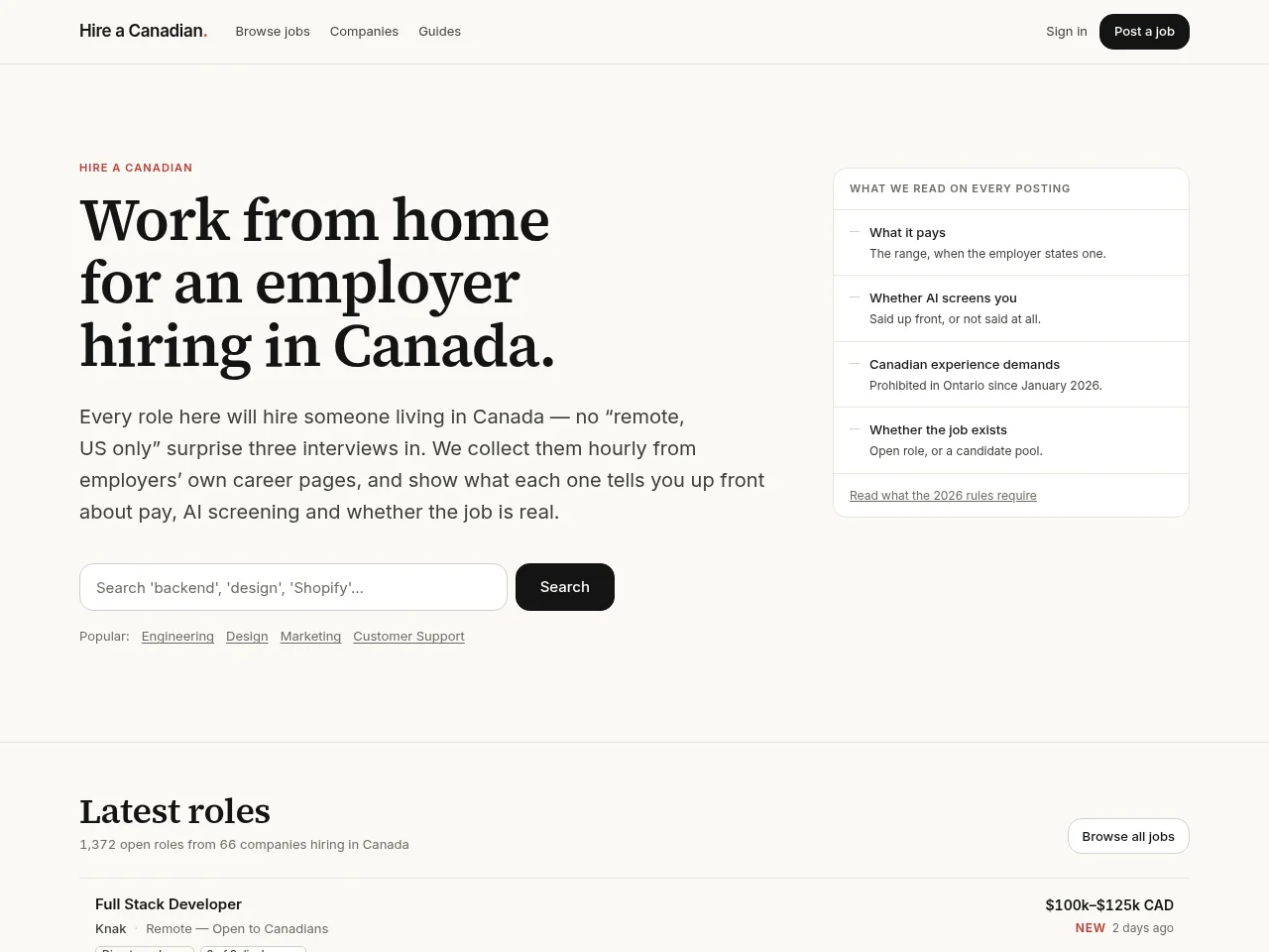 Hire a Canadian screenshot Hire a Canadian job board platform screenshot showing job search interface