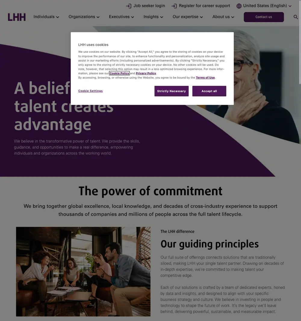LHH job board platform screenshot showing job search interface