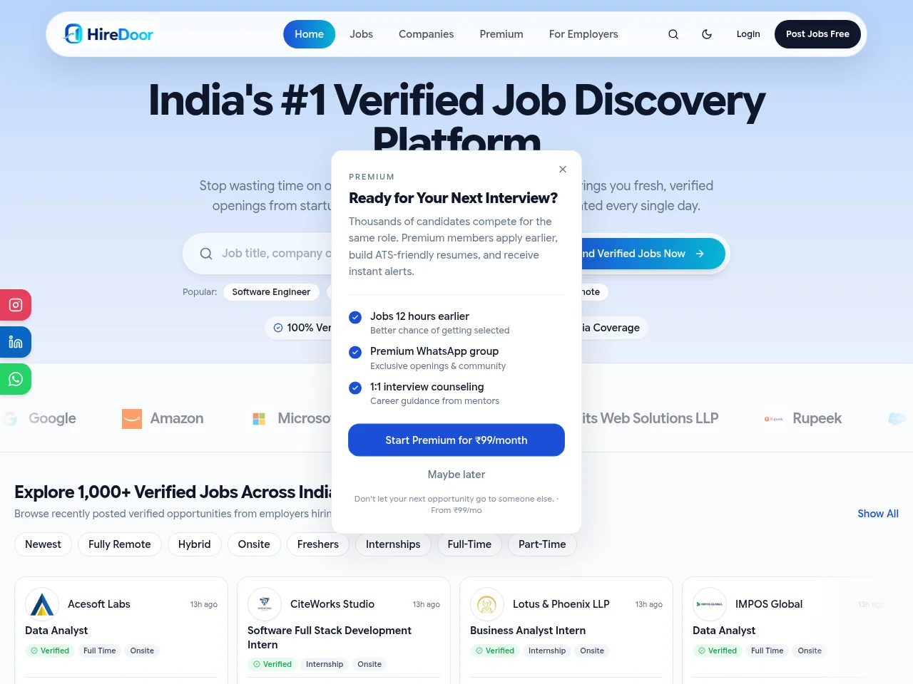 HireDoor job board platform screenshot showing job search interface