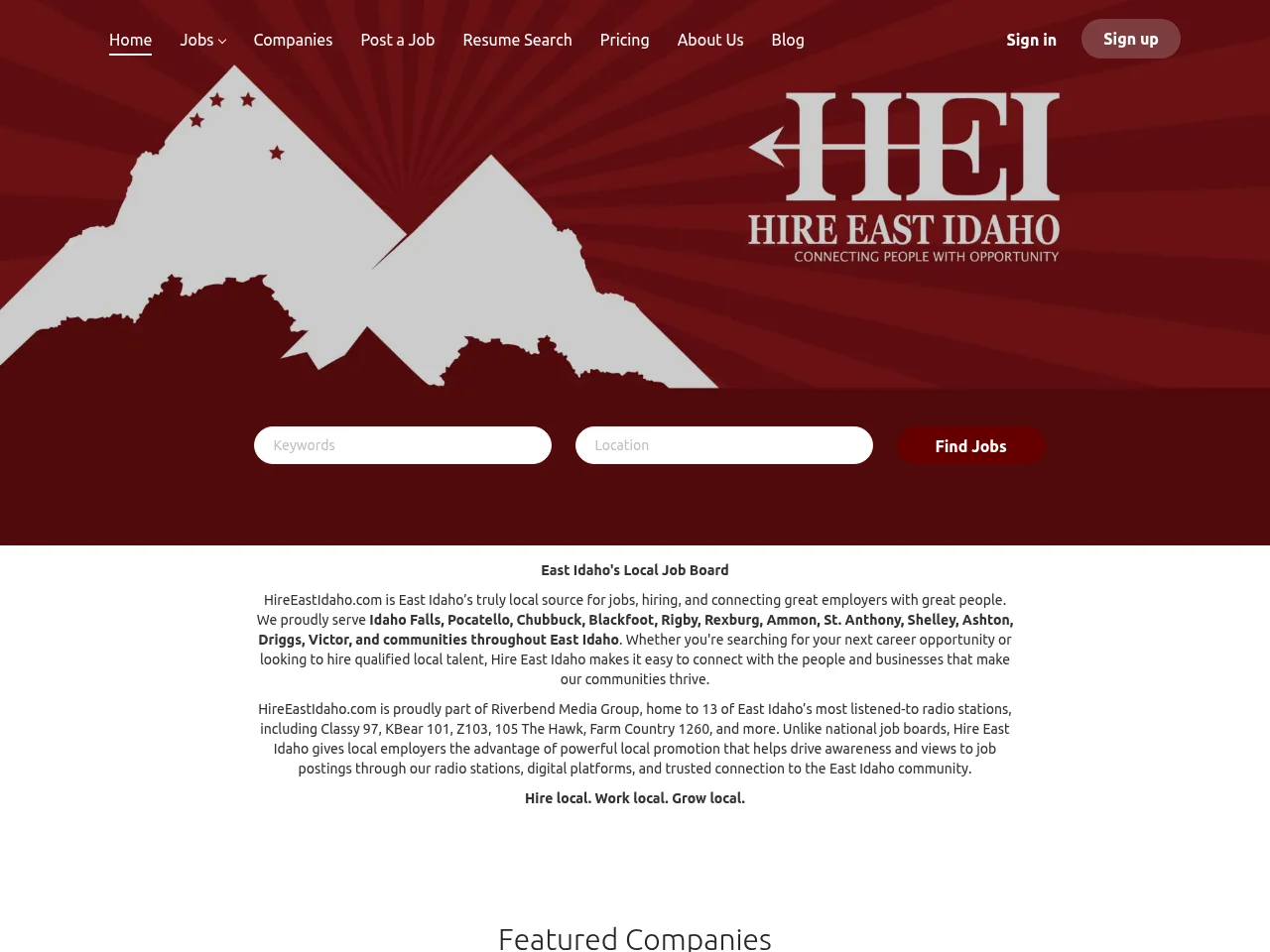 HireEastIdaho.com job board platform screenshot showing job search interface