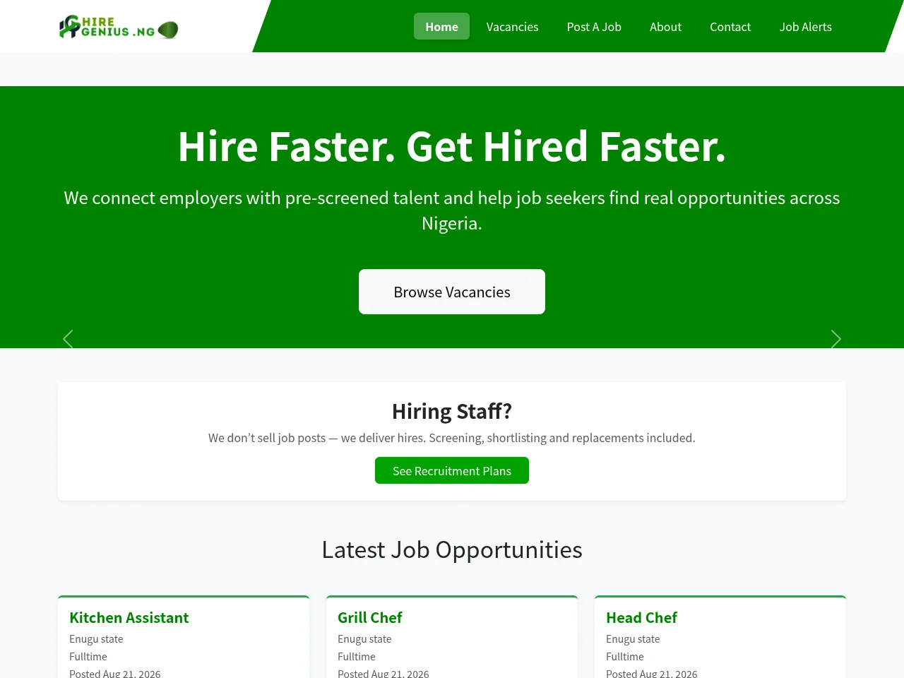 Hire Genius job board platform screenshot showing job search interface