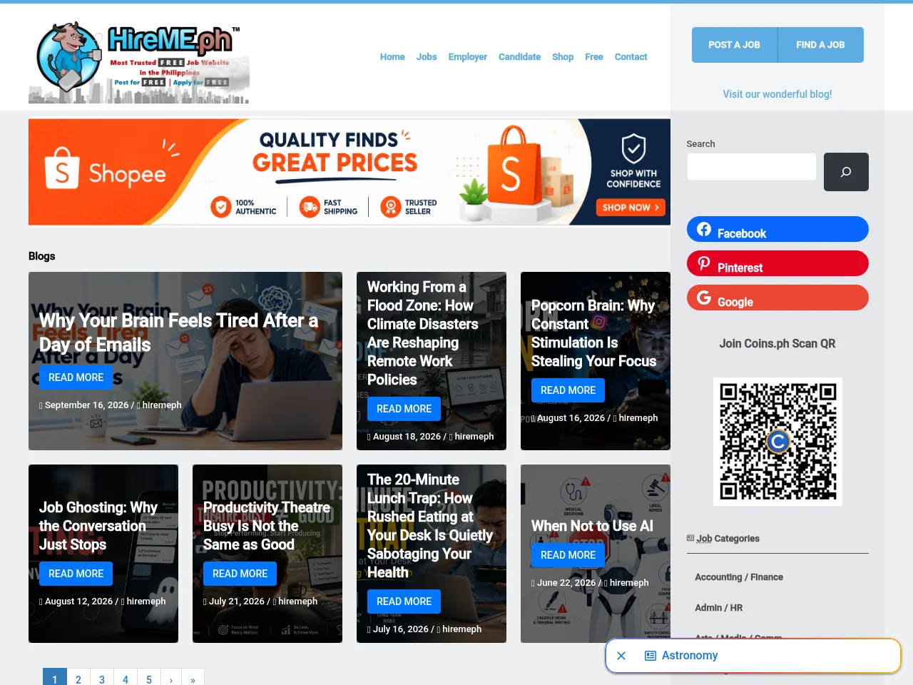 HireMe.ph job board platform screenshot showing job search interface