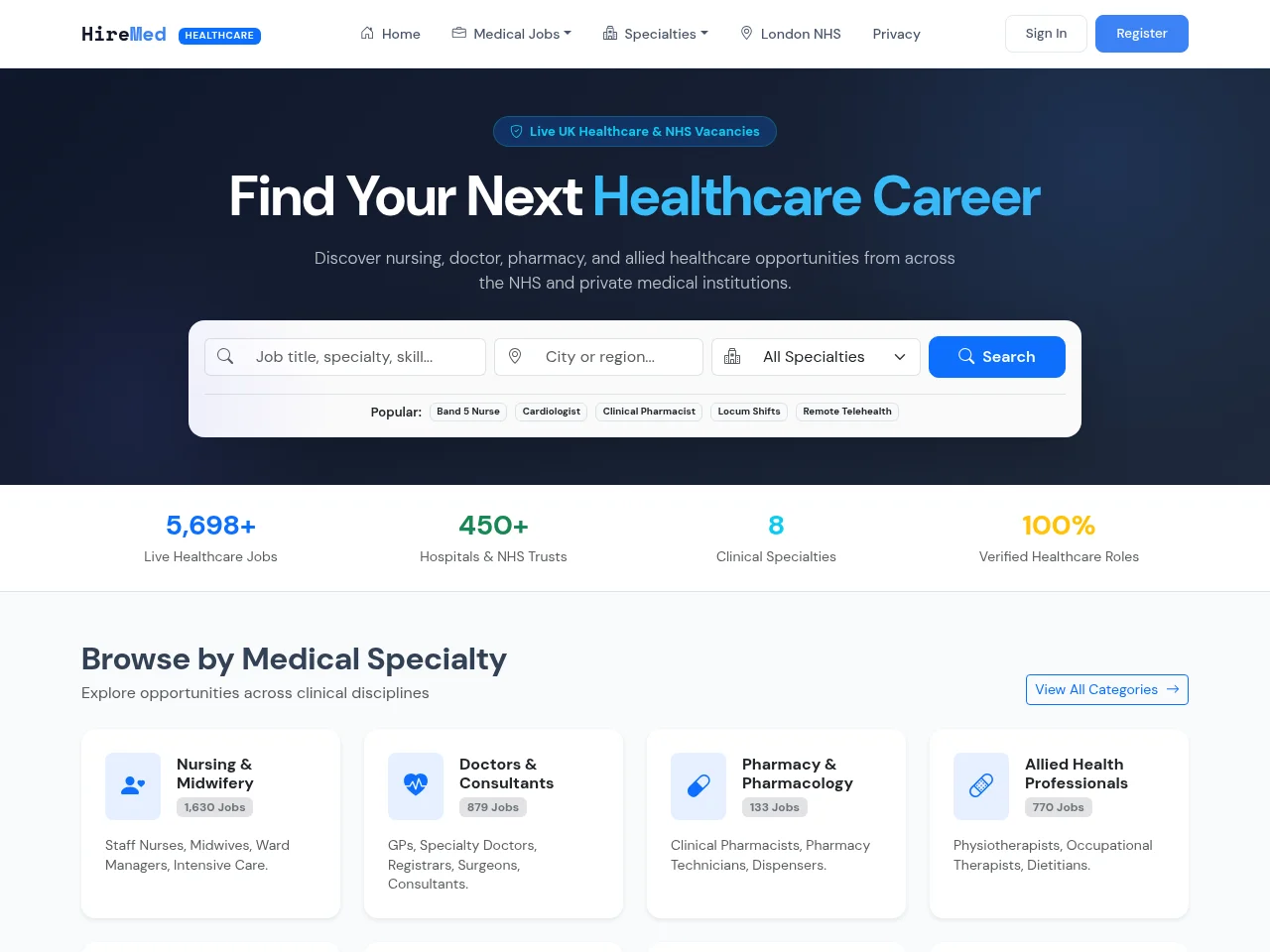 HireMed screenshot HireMed job board platform screenshot showing job search interface