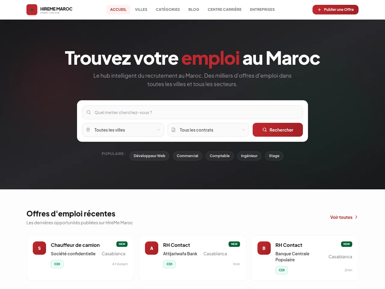 HireMe Maroc job board platform screenshot showing job search interface