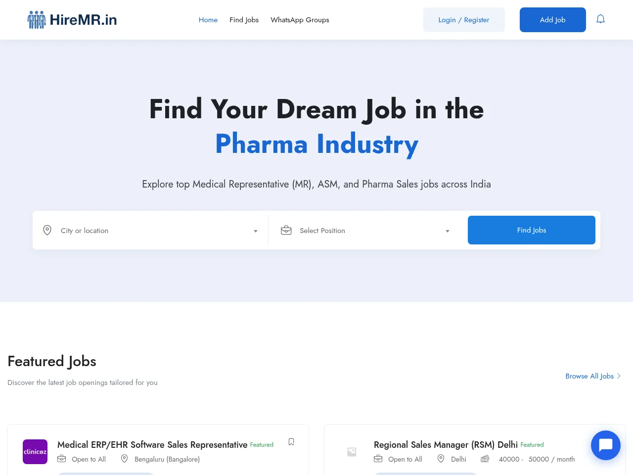 HireMR.in job board platform screenshot showing job search interface