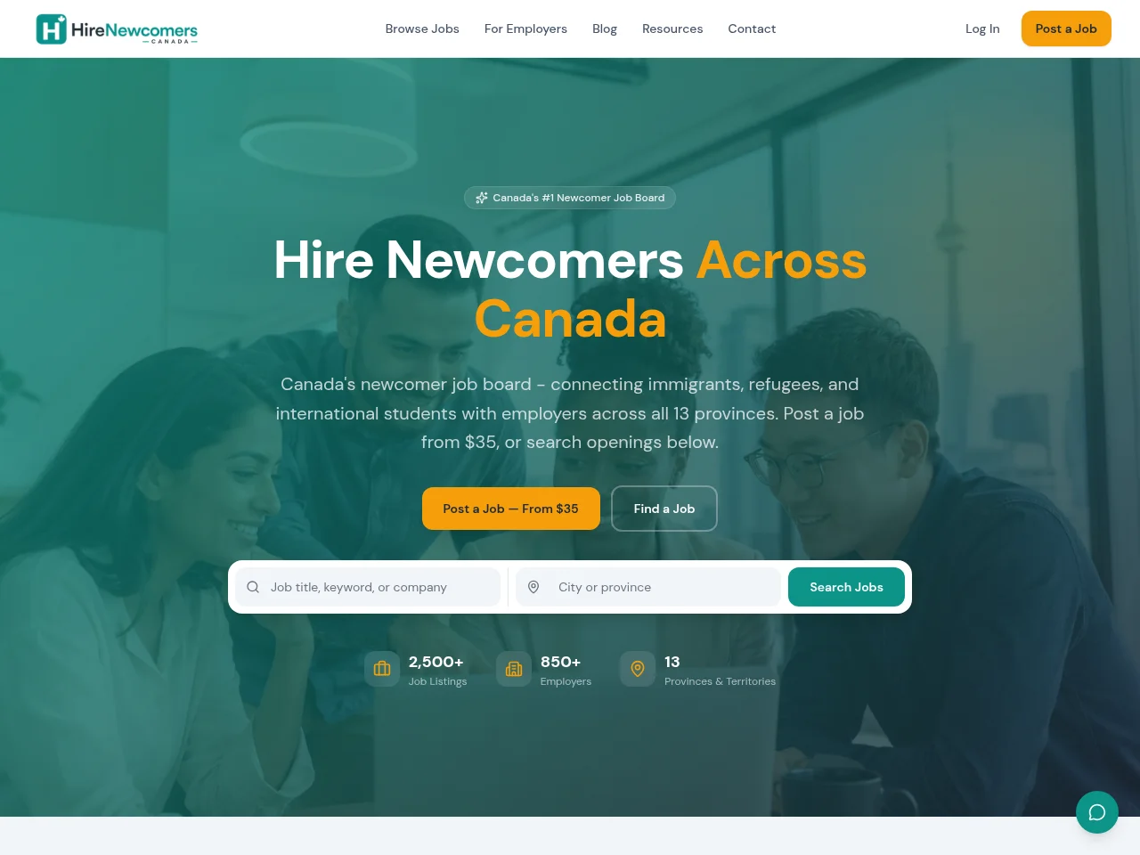 Hire Newcomers Canada job board platform screenshot showing job search interface