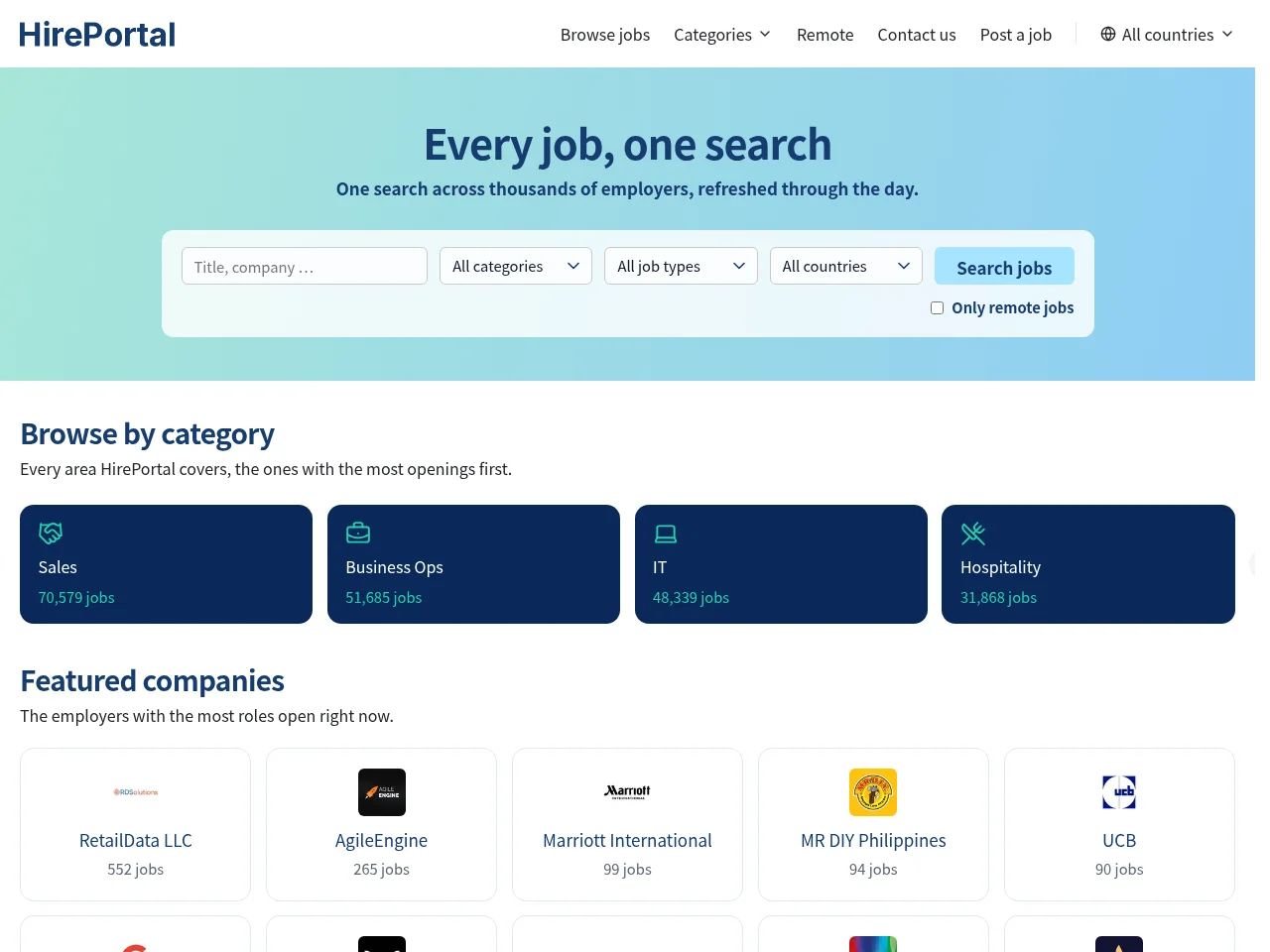 HirePortal job board platform screenshot showing job search interface