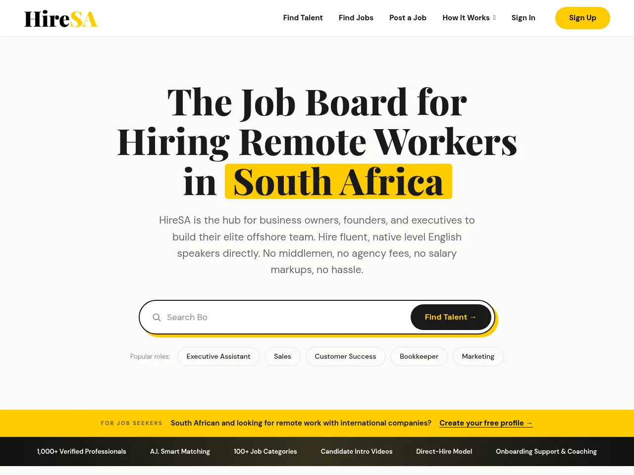 HireSA job board platform screenshot showing job search interface