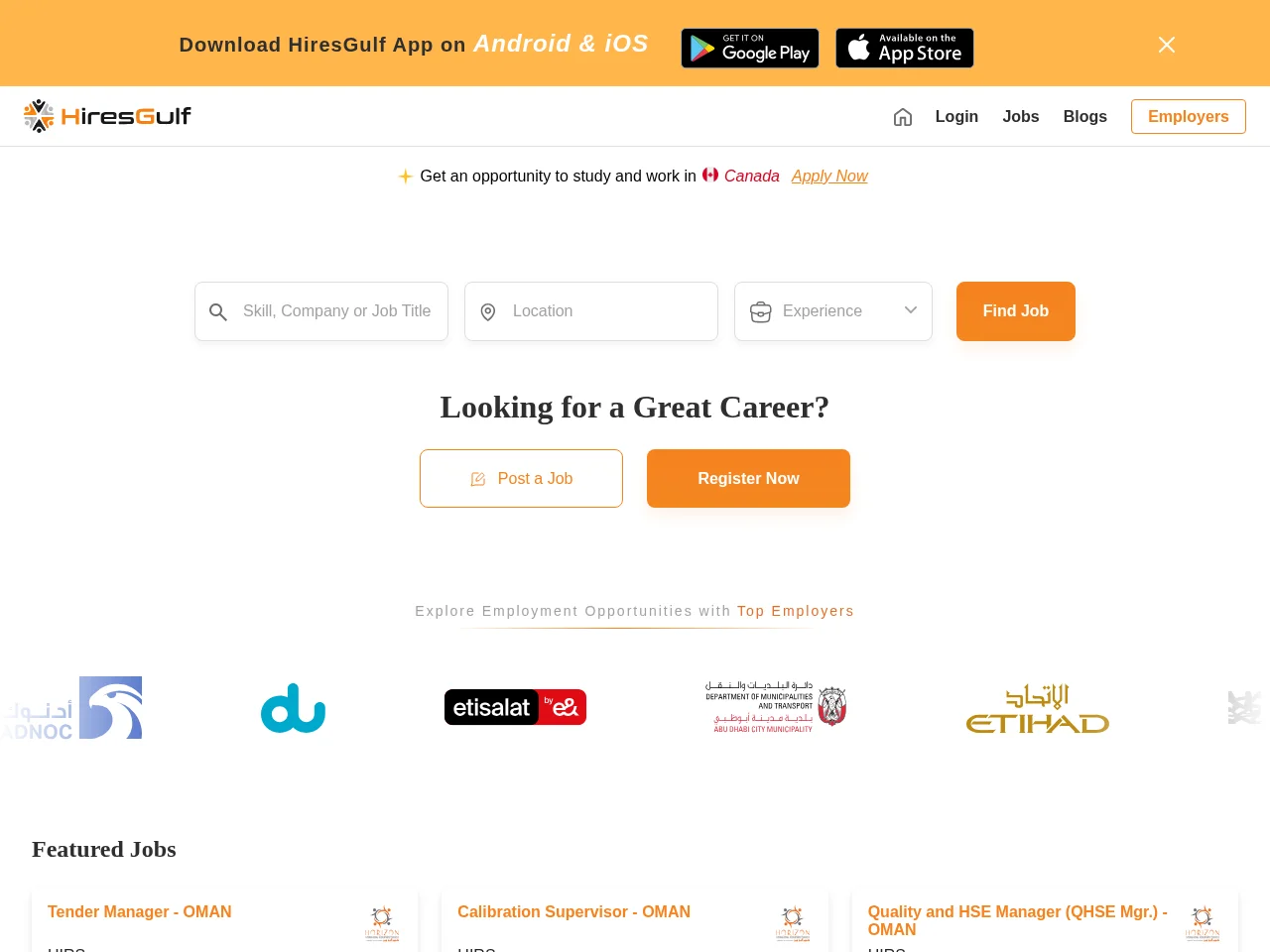 HiresGulf job board platform screenshot showing job search interface