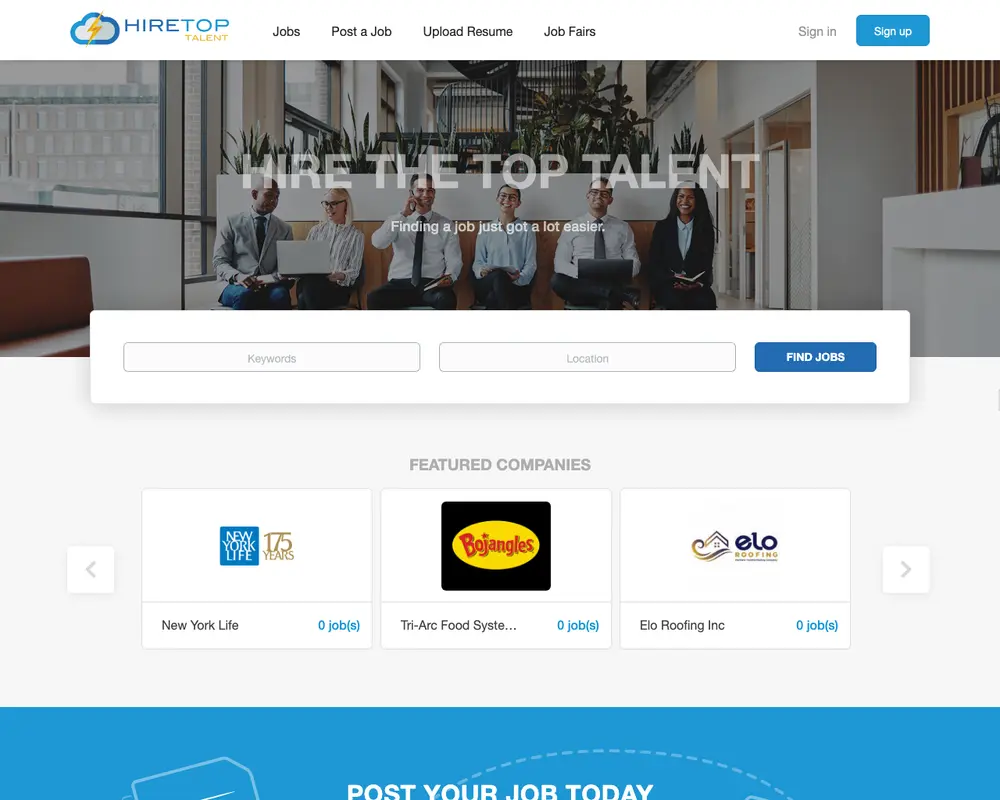 Hire Top Talent job board platform screenshot showing job search interface