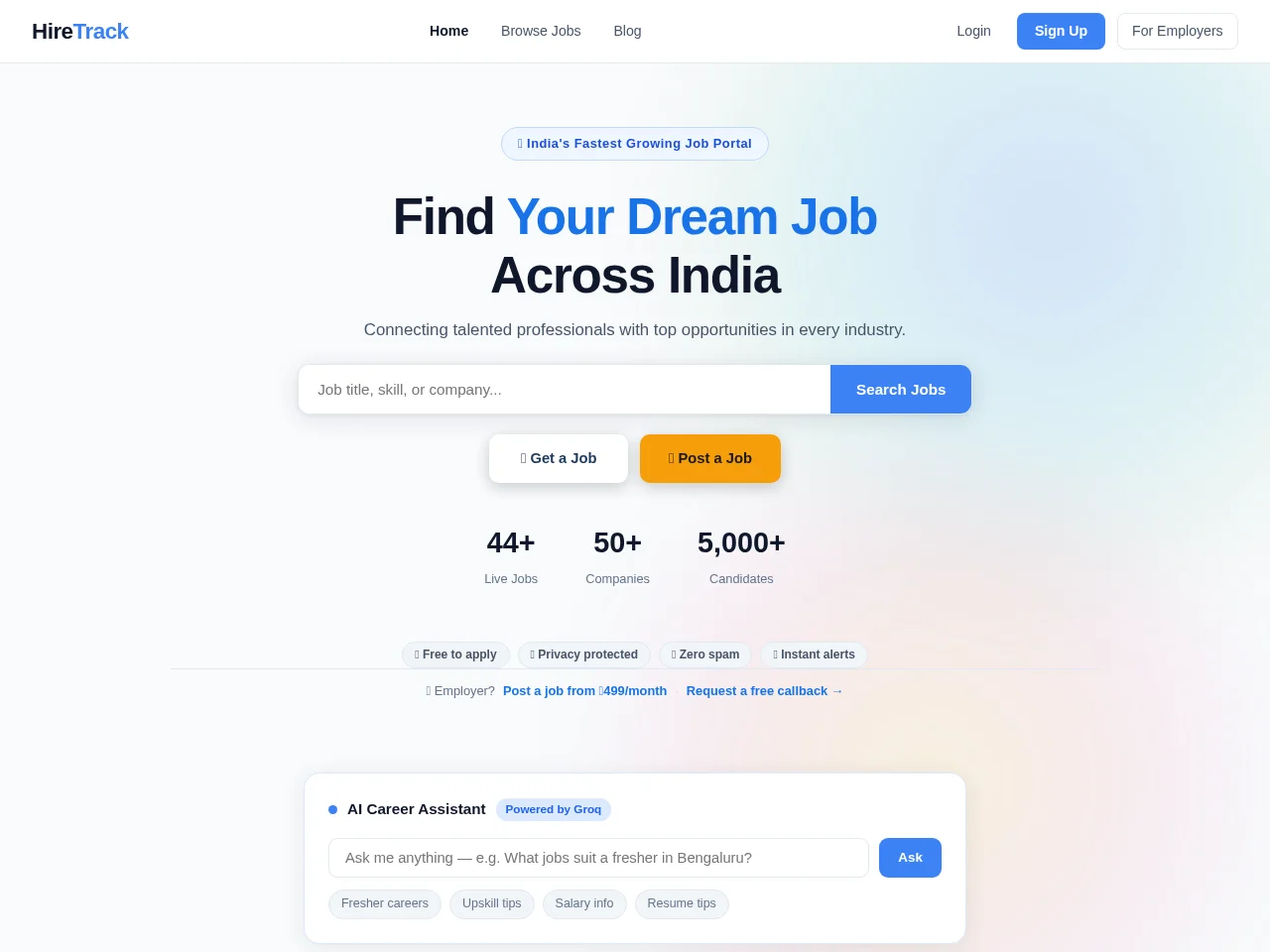 HireTrack job board platform screenshot showing job search interface