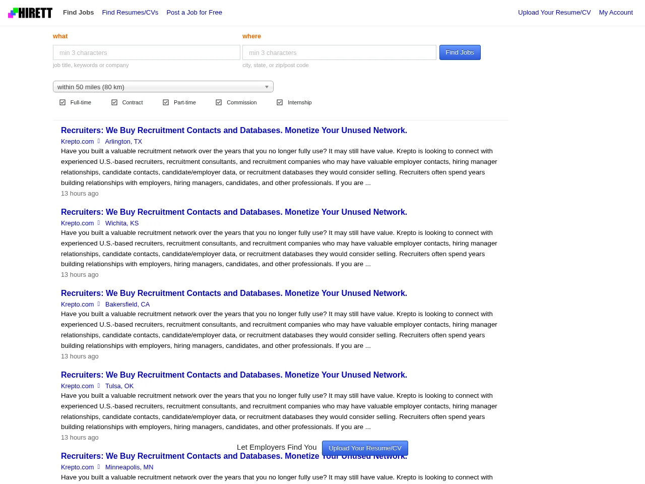 Hirett job board platform screenshot showing job search interface