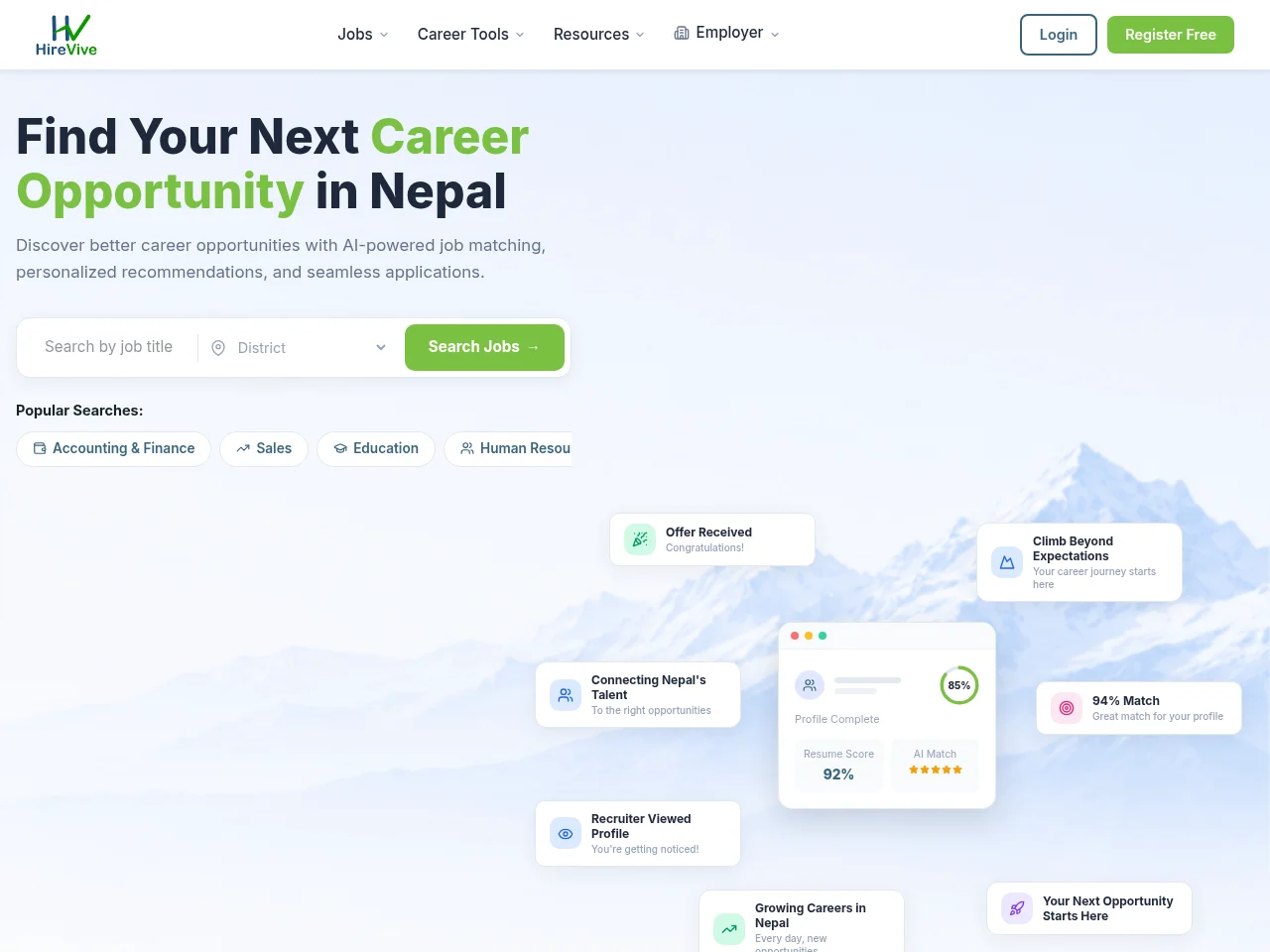 HireVive job board platform screenshot showing job search interface